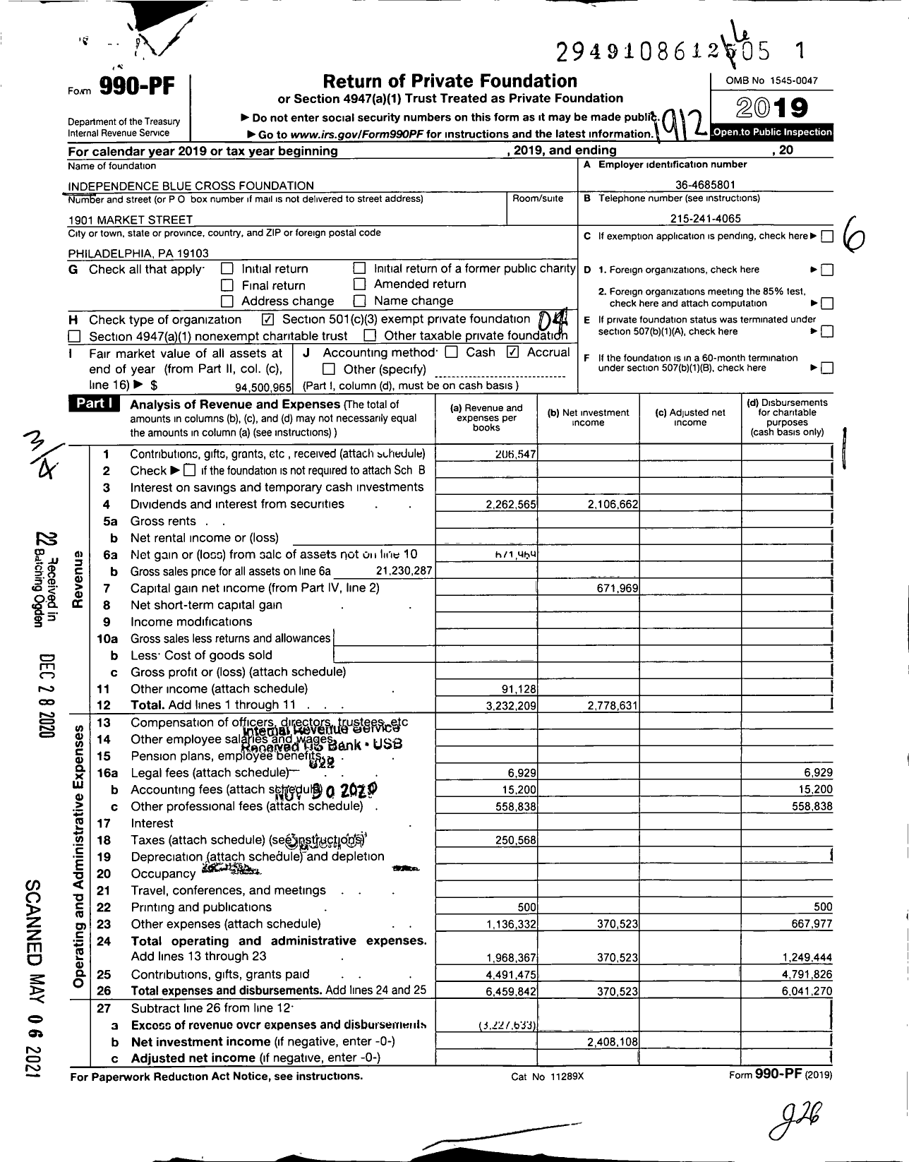 Image of first page of 2019 Form 990PF for Independence Blue Cross Foundation