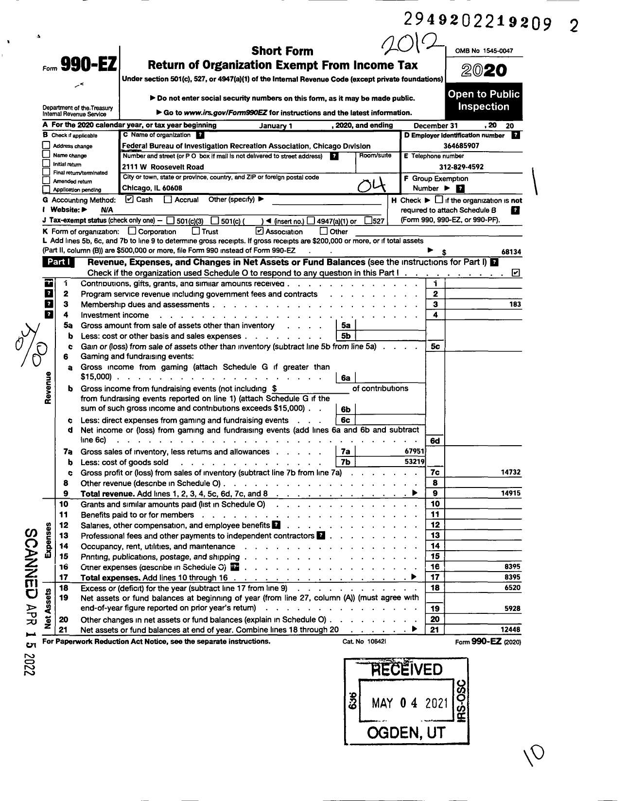 Image of first page of 2020 Form 990EO for Fbi Recreation Association Chicago Division