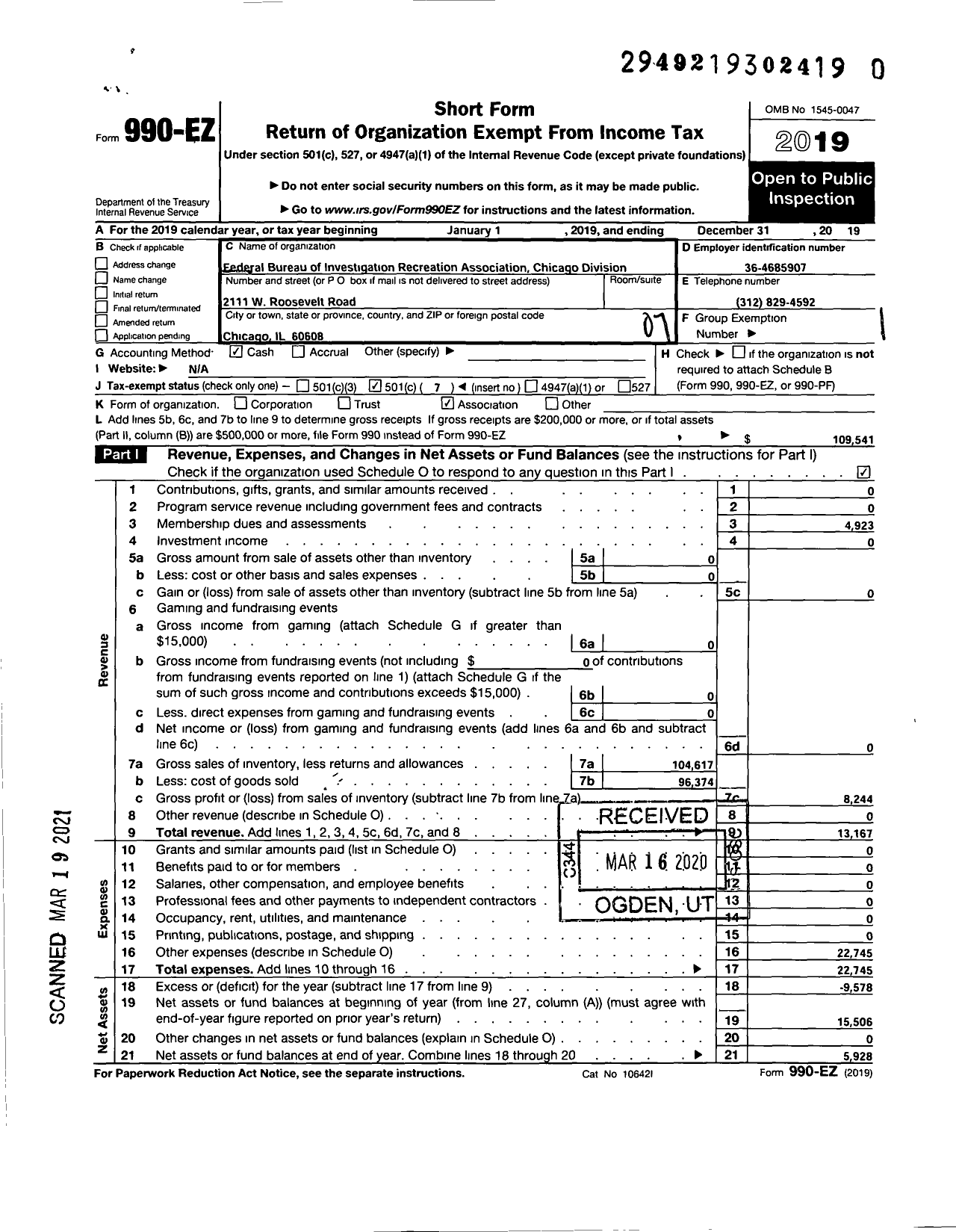 Image of first page of 2019 Form 990EO for Fbi Recreation Association Chicago Division