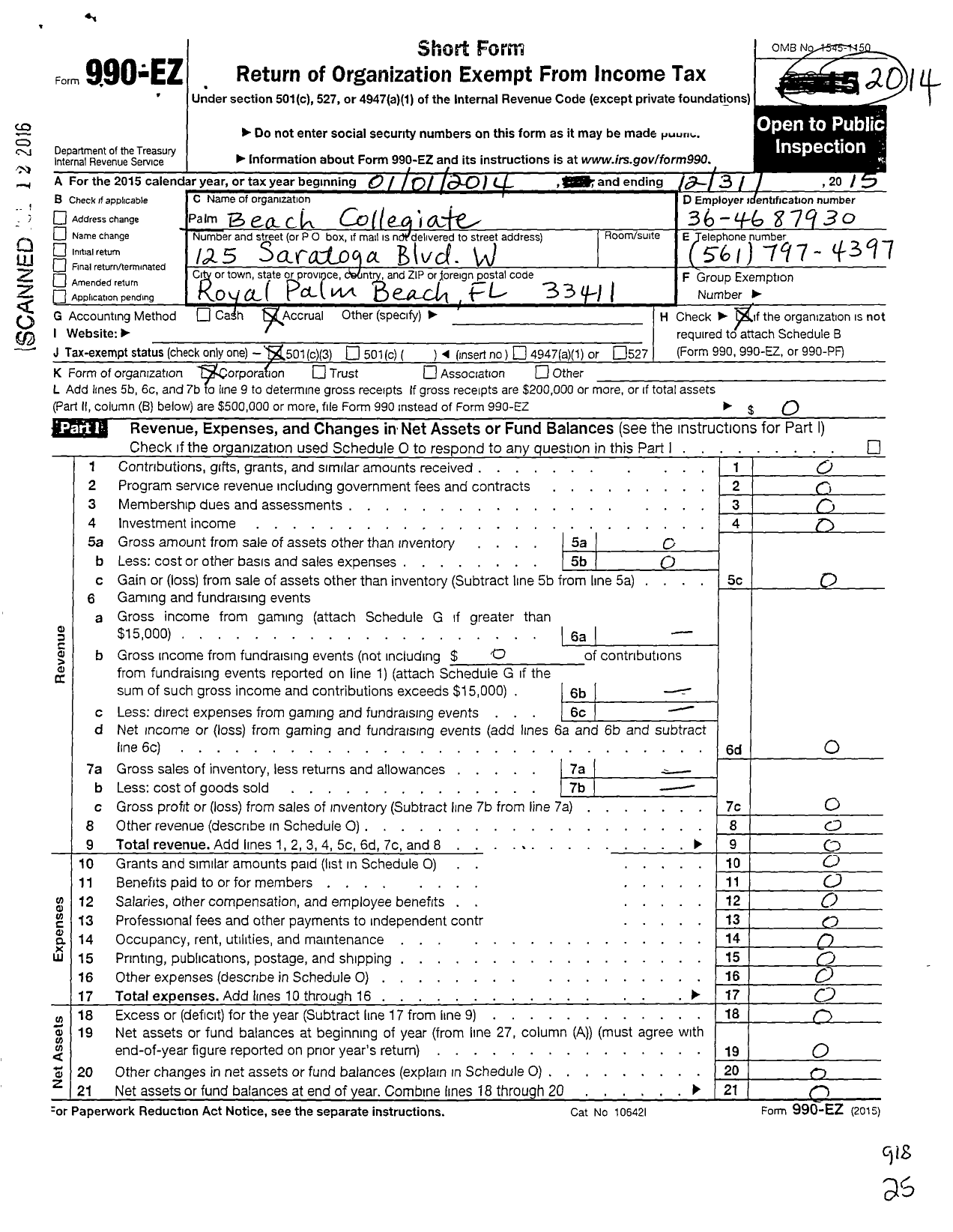 Image of first page of 2015 Form 990EZ for Palm Beach Collegiate