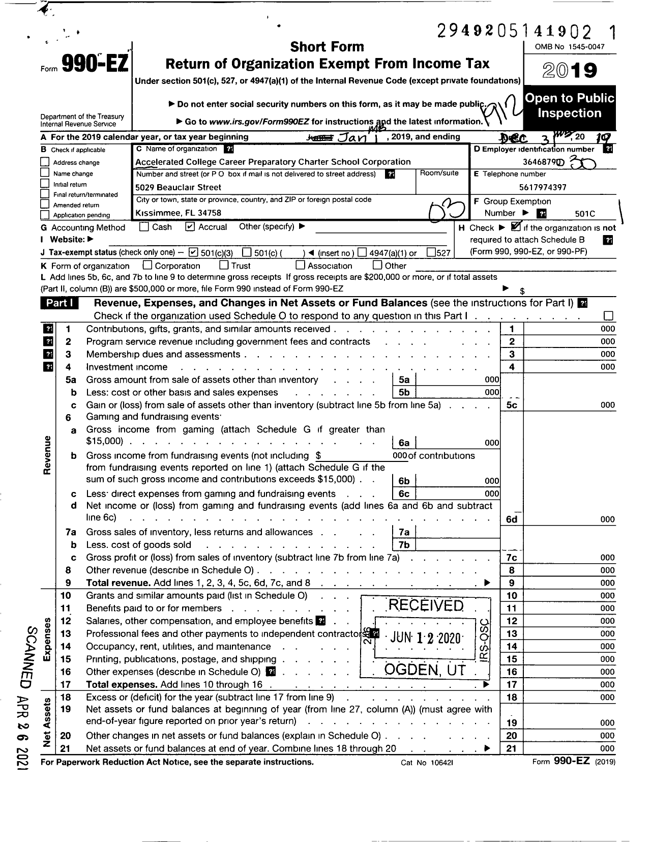 Image of first page of 2019 Form 990EZ for Palm Beach Collegiate