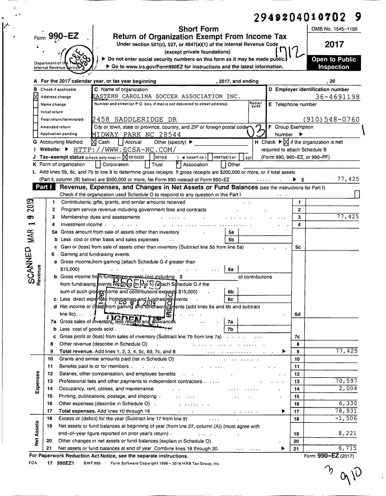 Image of first page of 2017 Form 990EZ for Eastern Carolina Soccer Association