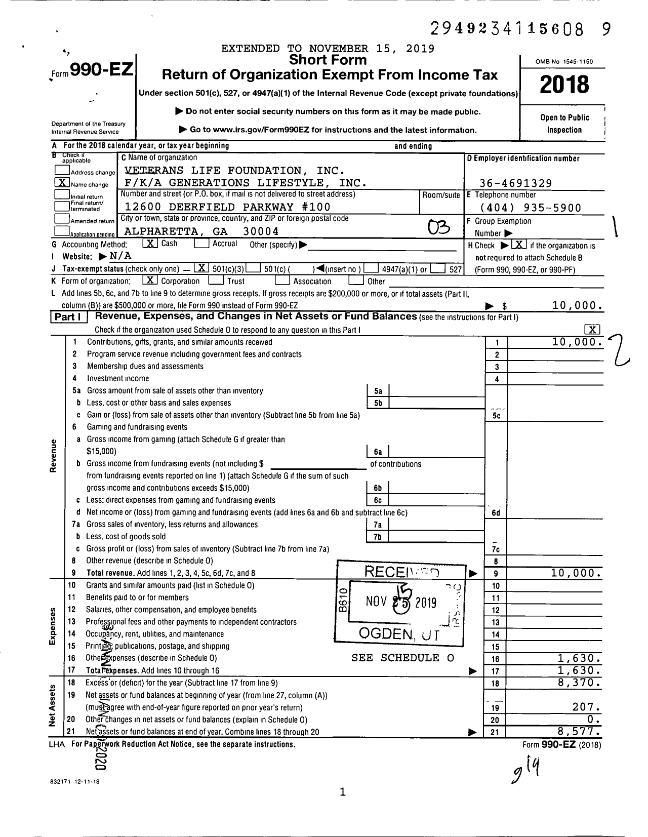 Image of first page of 2018 Form 990EZ for Veterans Lifestyle Foundation