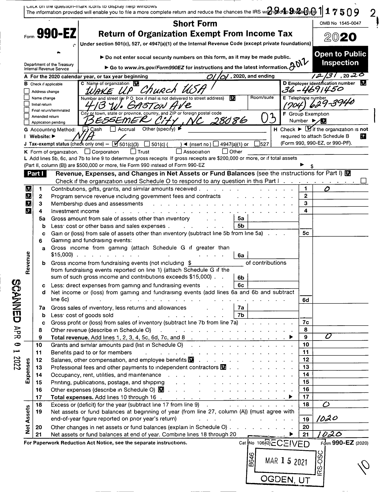 Image of first page of 2020 Form 990EZ for Wake Up Church USA