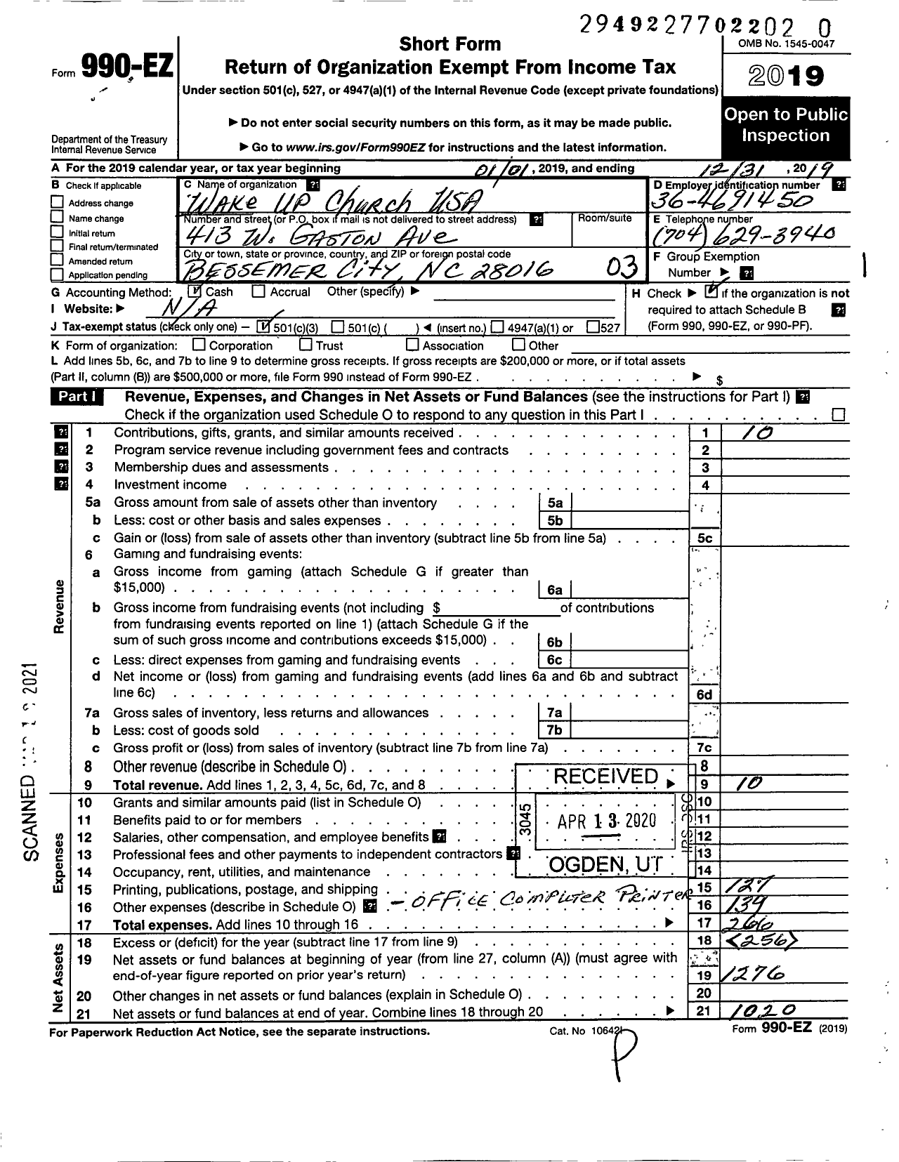 Image of first page of 2019 Form 990EZ for Wake Up Church USA