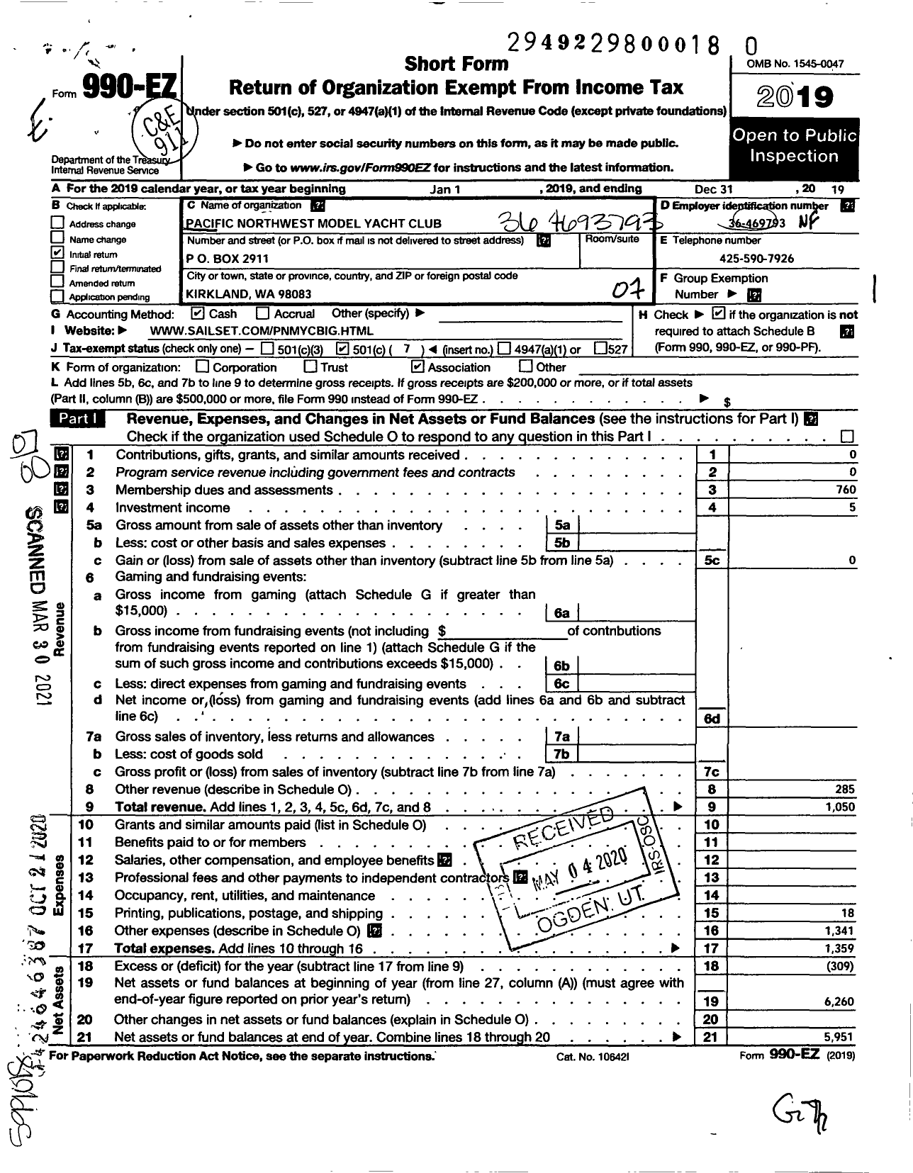 Image of first page of 2019 Form 990EO for Pacific Northwest Model Yacht Club (PNMYC)