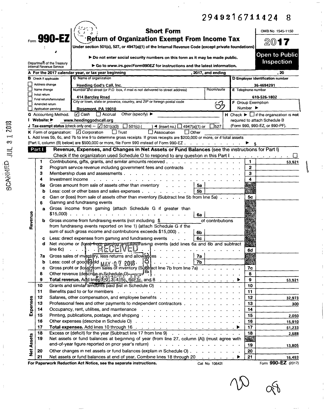 Image of first page of 2017 Form 990EZ for Heeding Gods Call