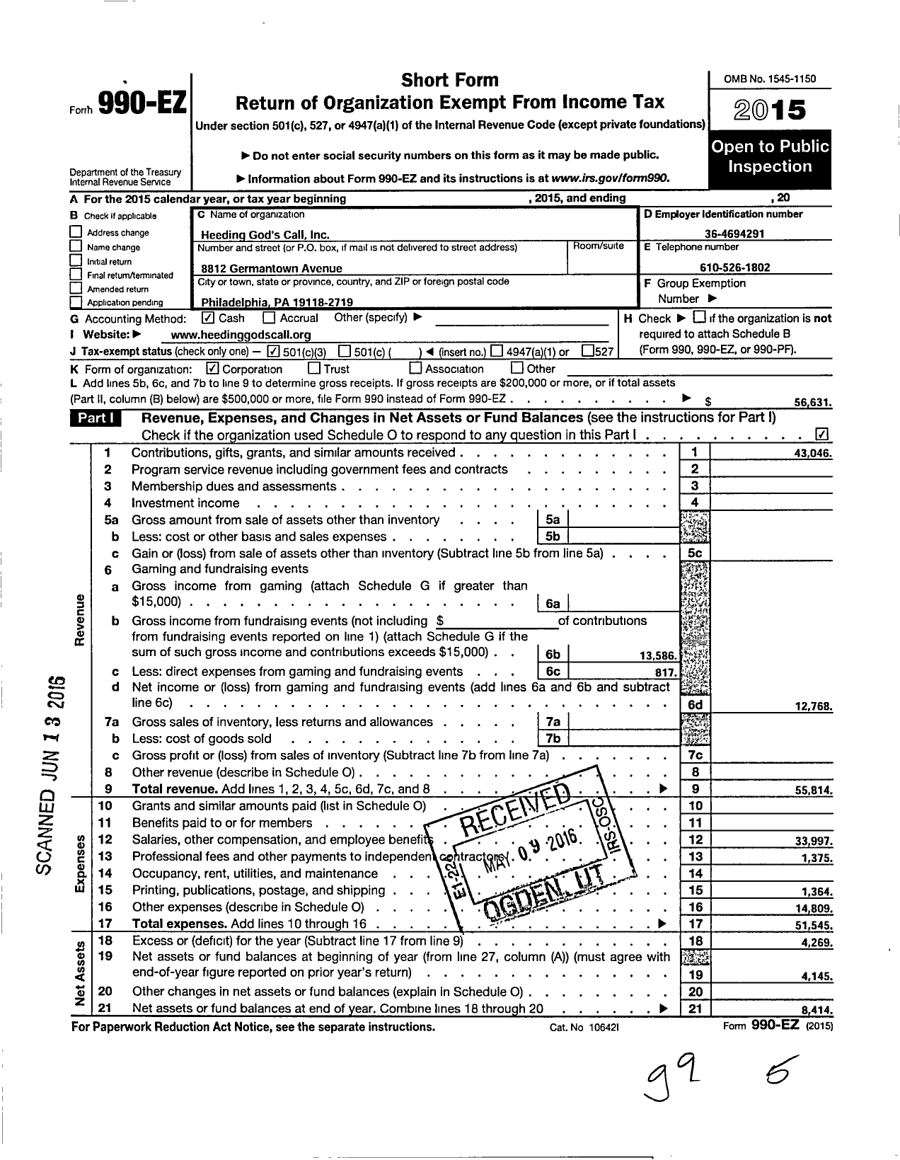 Image of first page of 2015 Form 990EZ for Heeding Gods Call