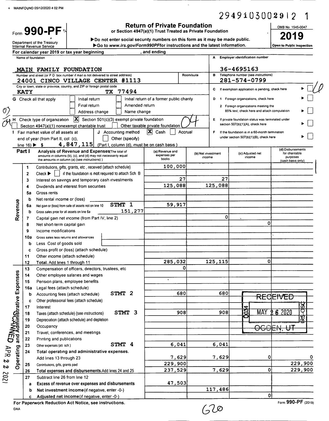 Image of first page of 2019 Form 990PF for Main Family Foundation