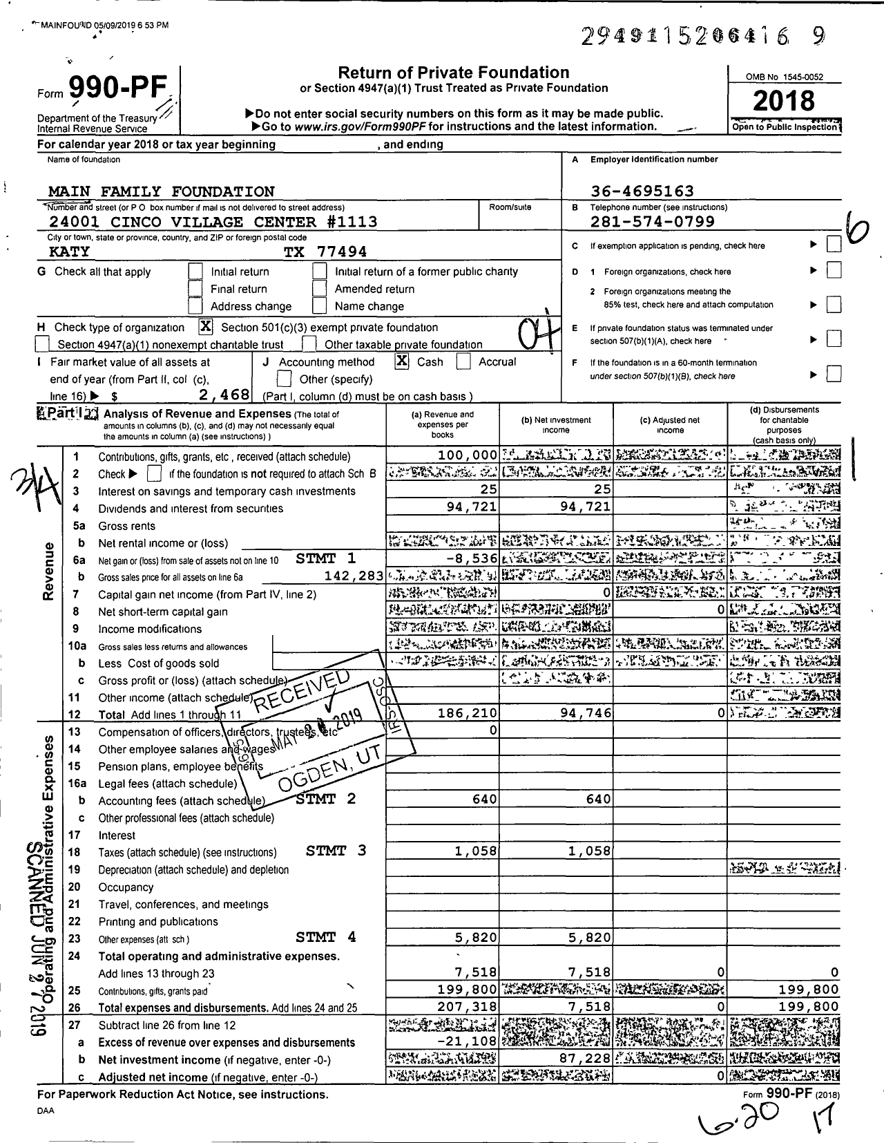 Image of first page of 2018 Form 990PF for Main Family Foundation