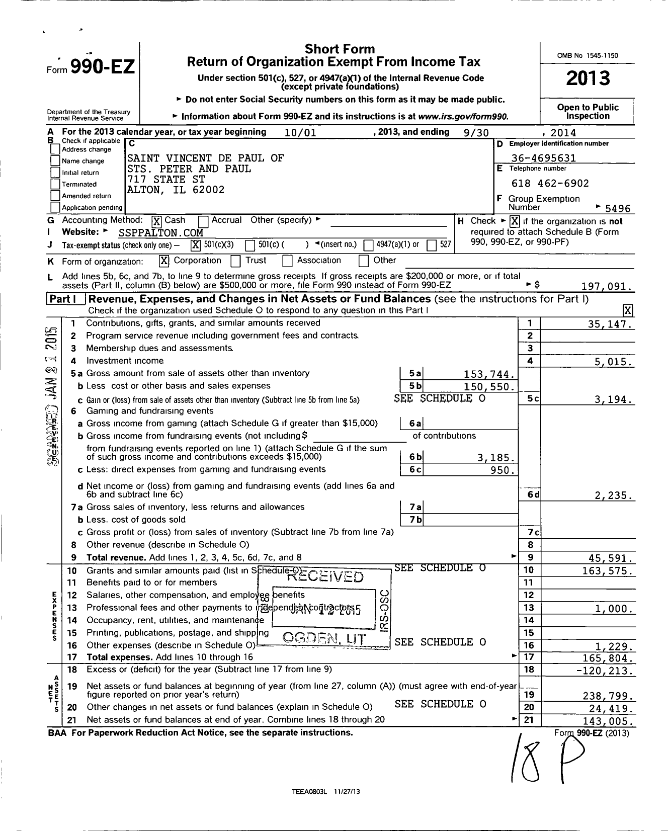 Image of first page of 2013 Form 990EZ for St Vincent de Paul of St Peter and Paul