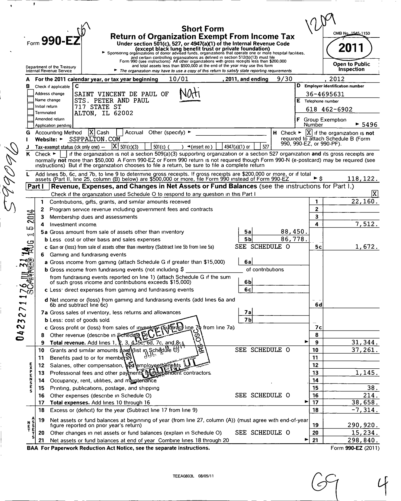 Image of first page of 2011 Form 990EZ for St Vincent de Paul of St Peter and Paul