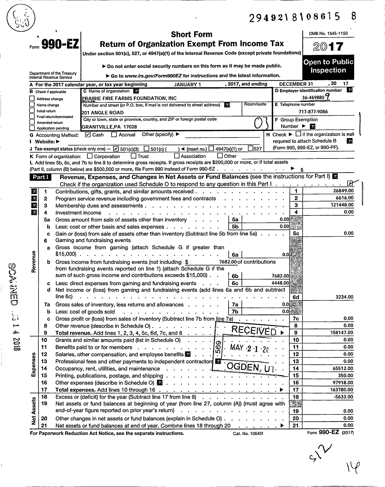 Image of first page of 2017 Form 990EZ for Prairie Fire Farms Foundation