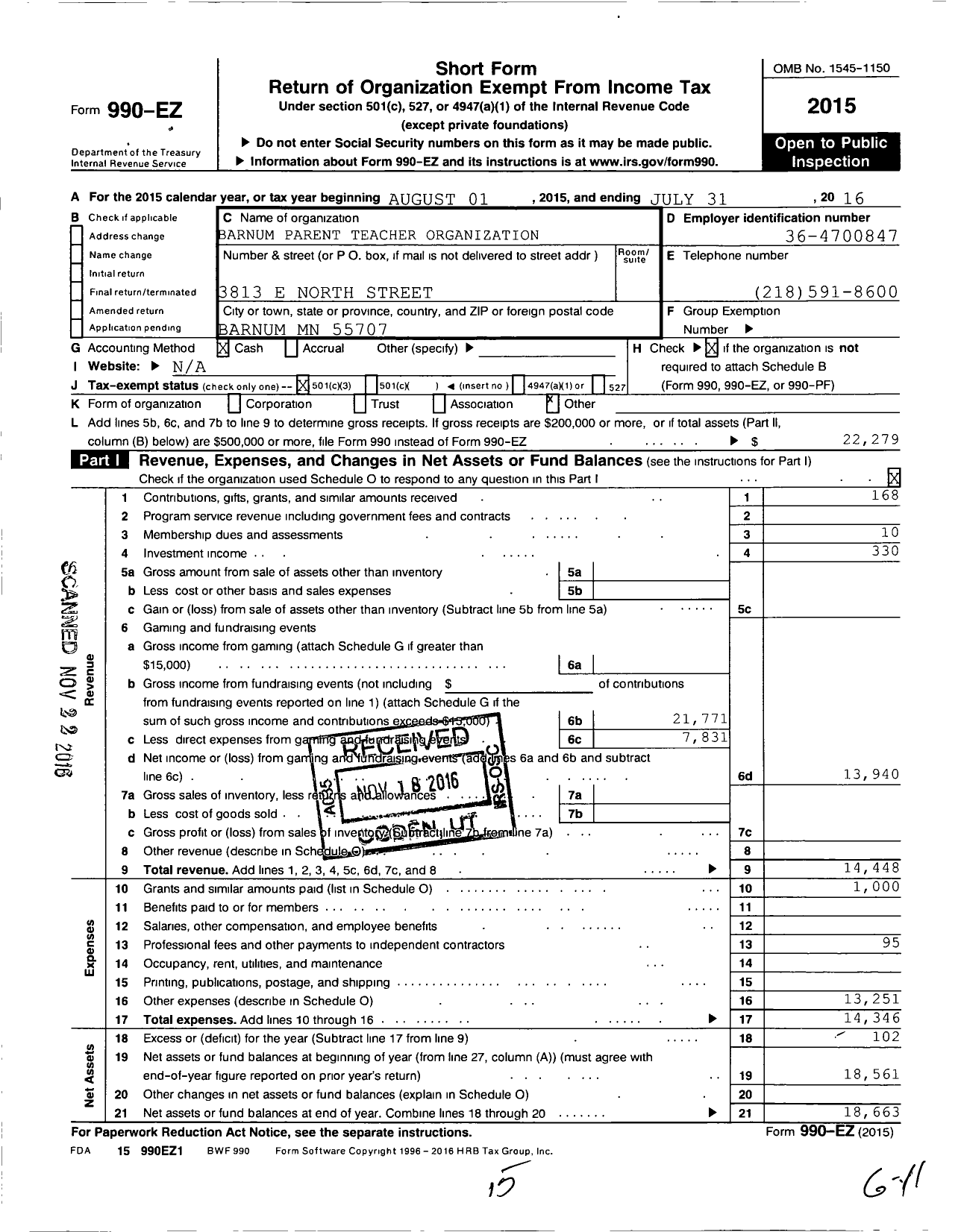 Image of first page of 2015 Form 990EZ for Barnum Parent Teacher Organization