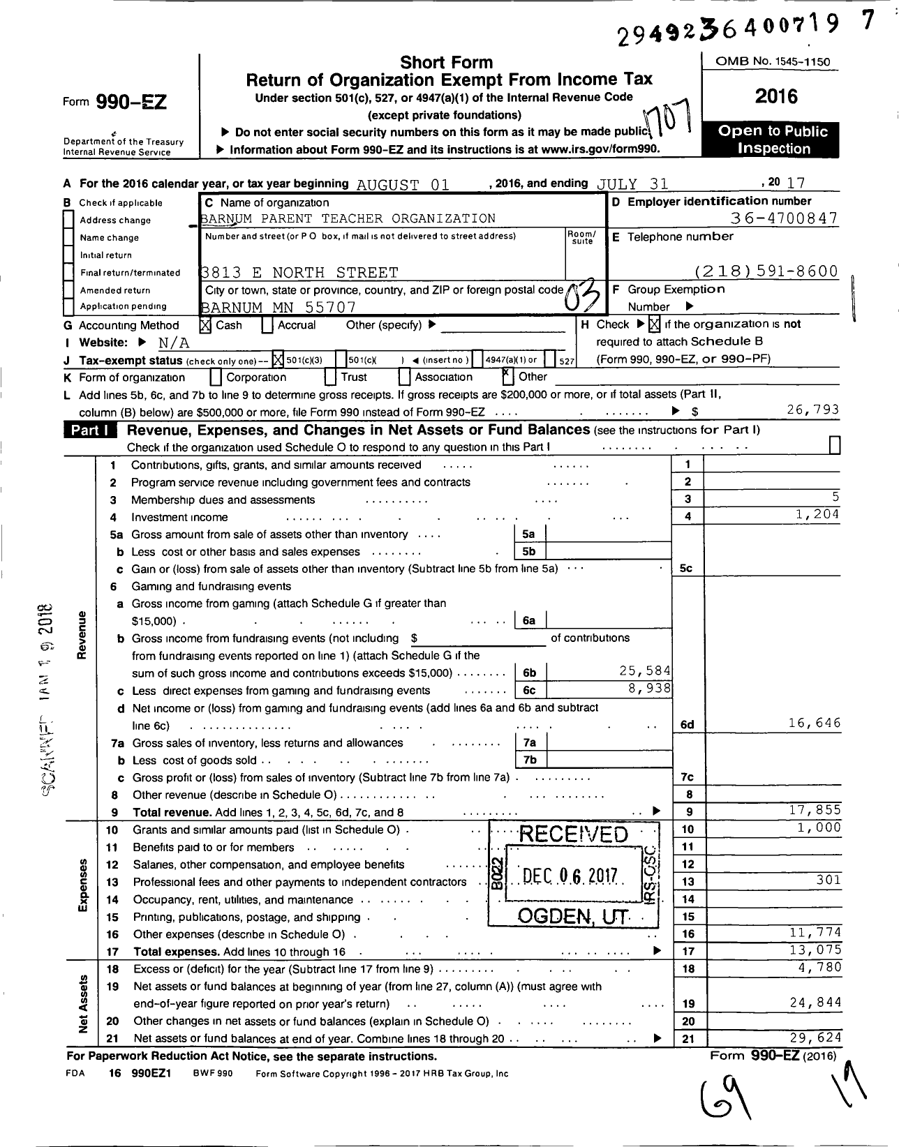 Image of first page of 2016 Form 990EZ for Barnum Parent Teacher Organization