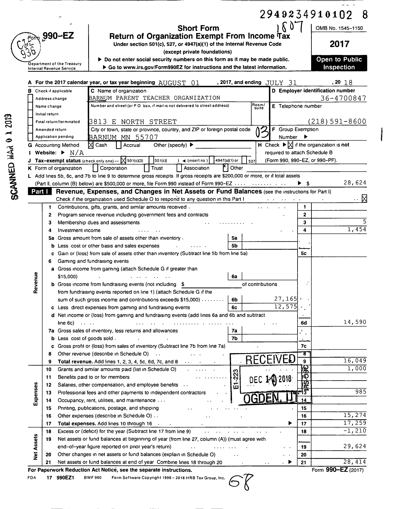 Image of first page of 2017 Form 990EZ for Barnum Parent Teacher Organization