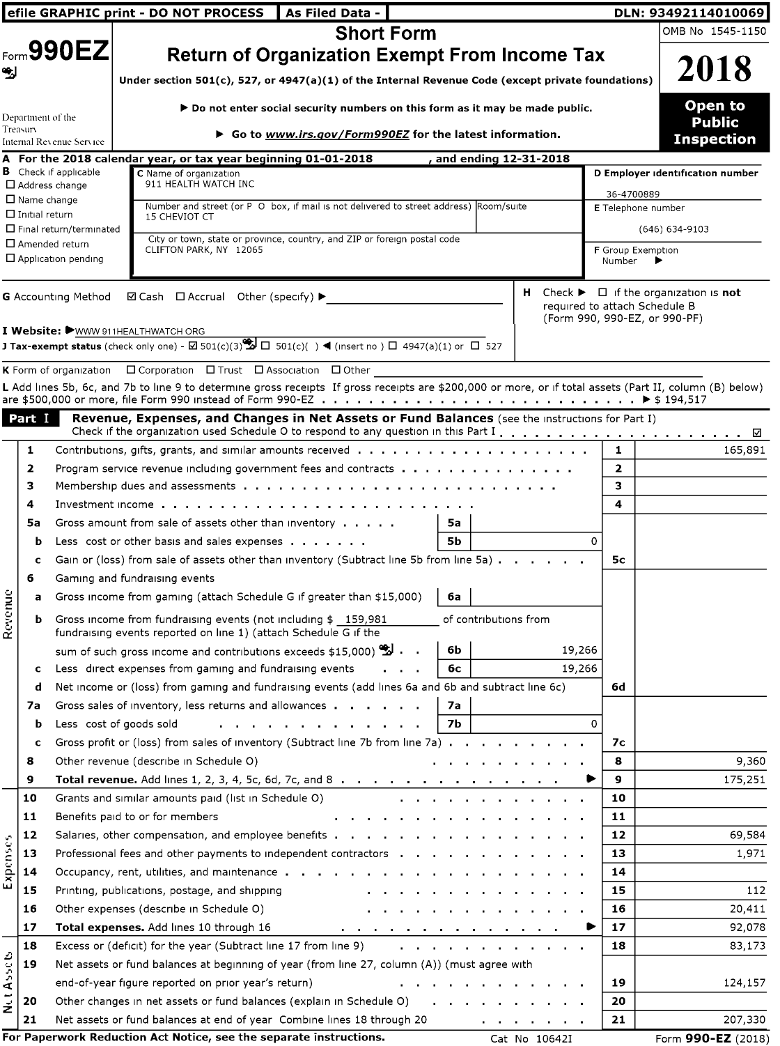 Image of first page of 2018 Form 990EZ for 911 Health Watch