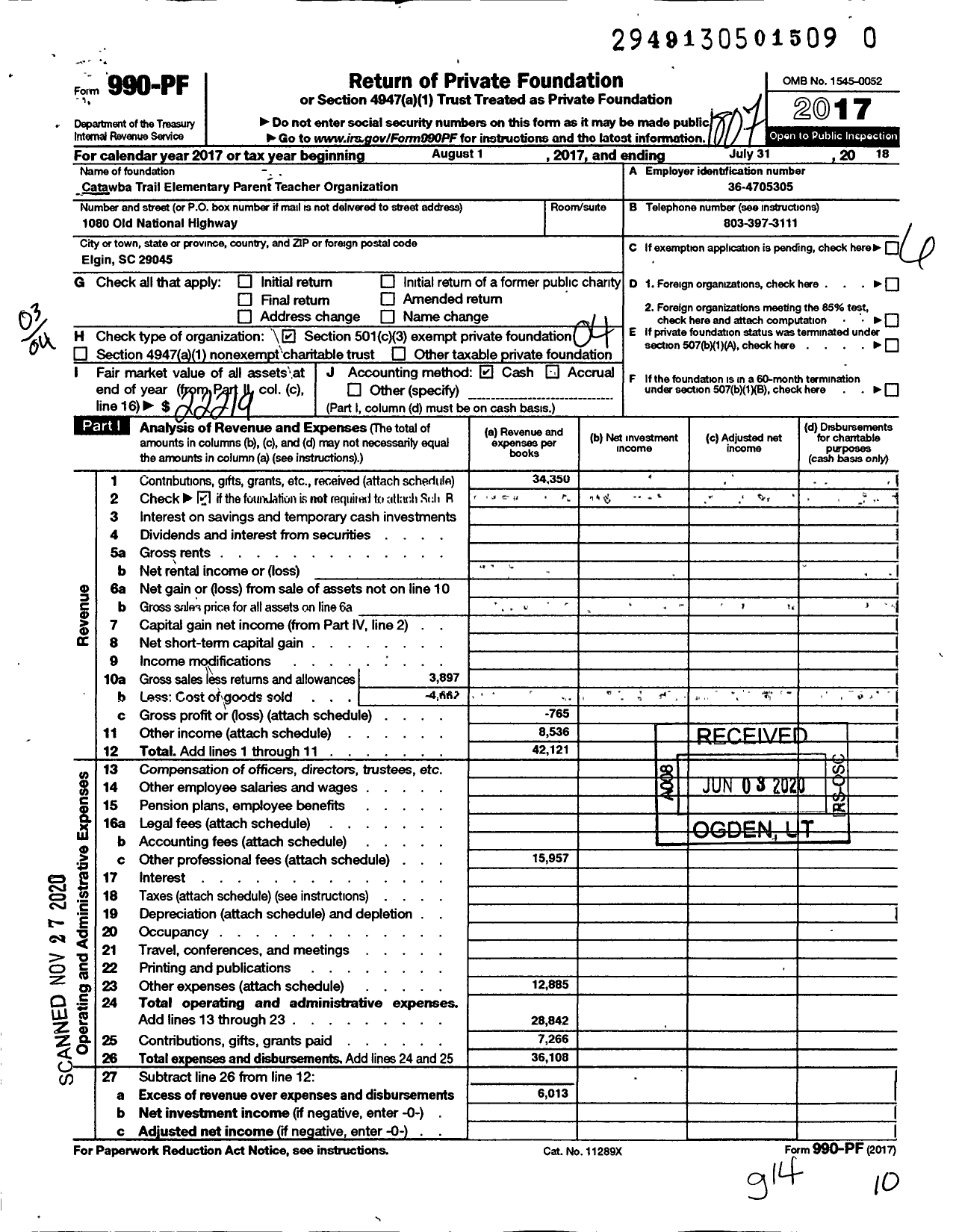 Image of first page of 2017 Form 990PF for Catawba Trail Elementary Parent Teacher Organization