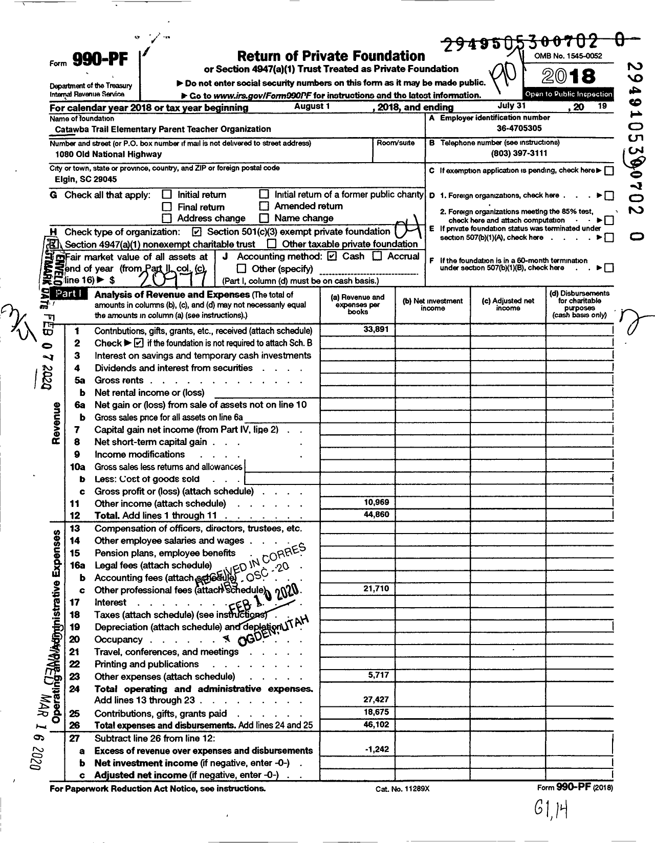 Image of first page of 2018 Form 990PR for Catawba Trail Elementary Parent Teacher Organization