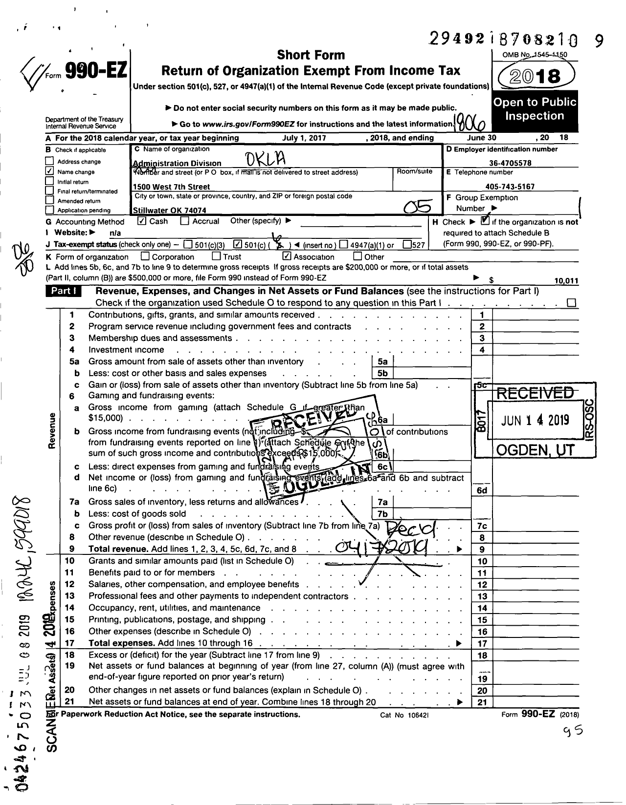 Image of first page of 2017 Form 990EO for Administration Division of the Oklahoma Association of Career and T