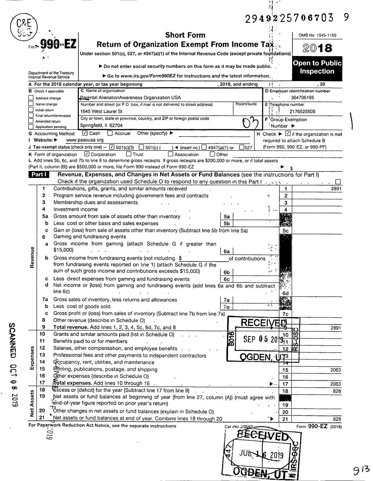 Image of first page of 2018 Form 990EZ for Parental Allenation Awareness Organization USA