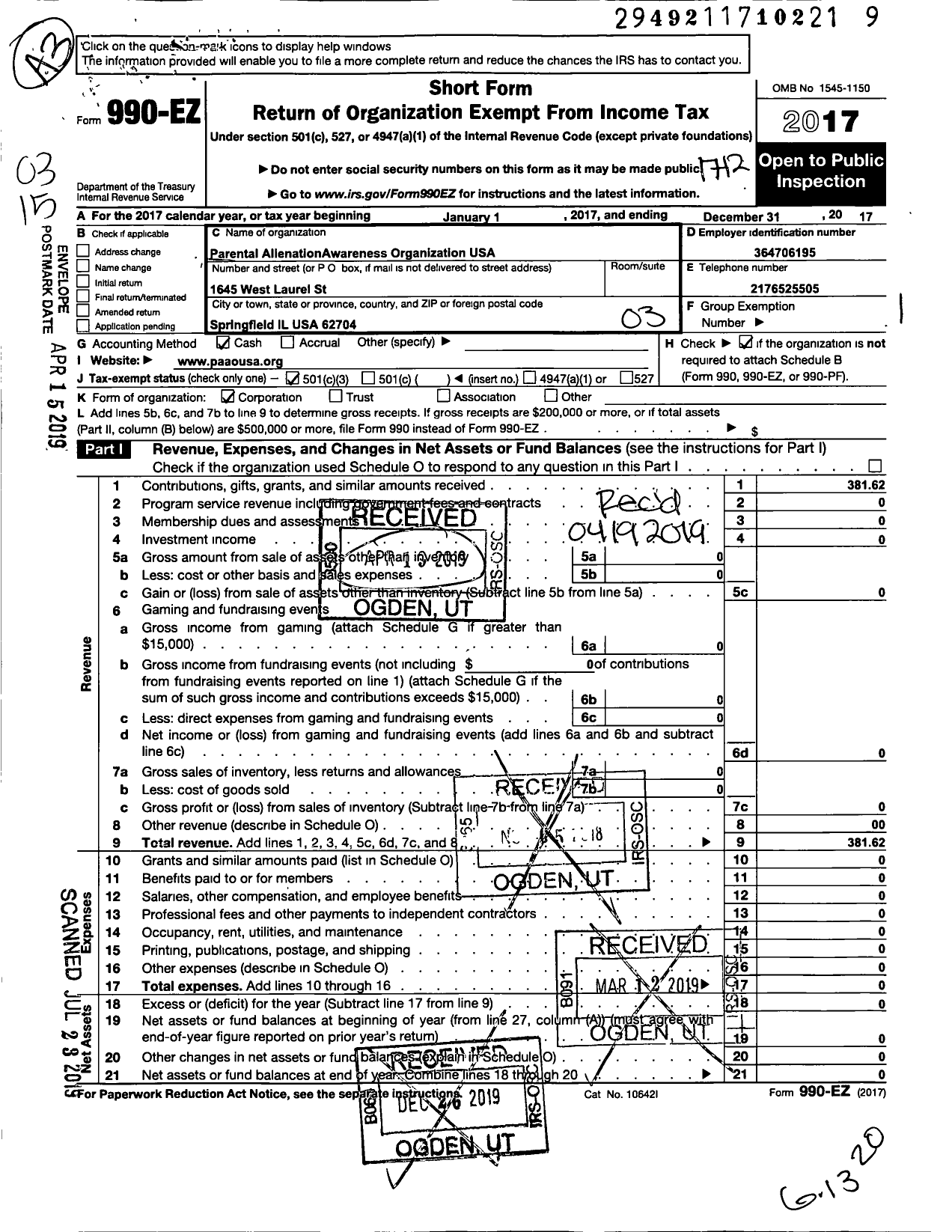 Image of first page of 2017 Form 990EZ for Parental Allenation Awareness Organization USA