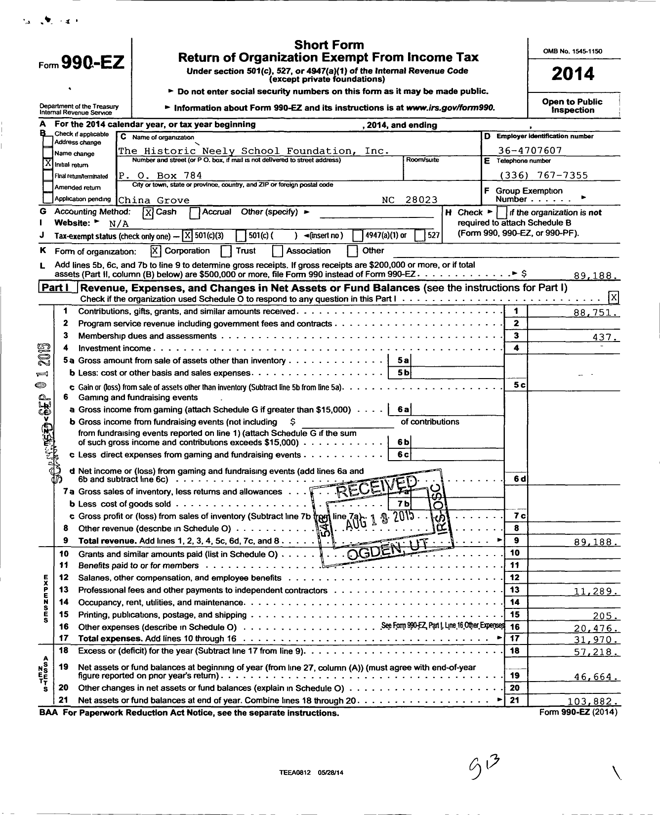 Image of first page of 2014 Form 990EZ for Historic Neely School Foundation