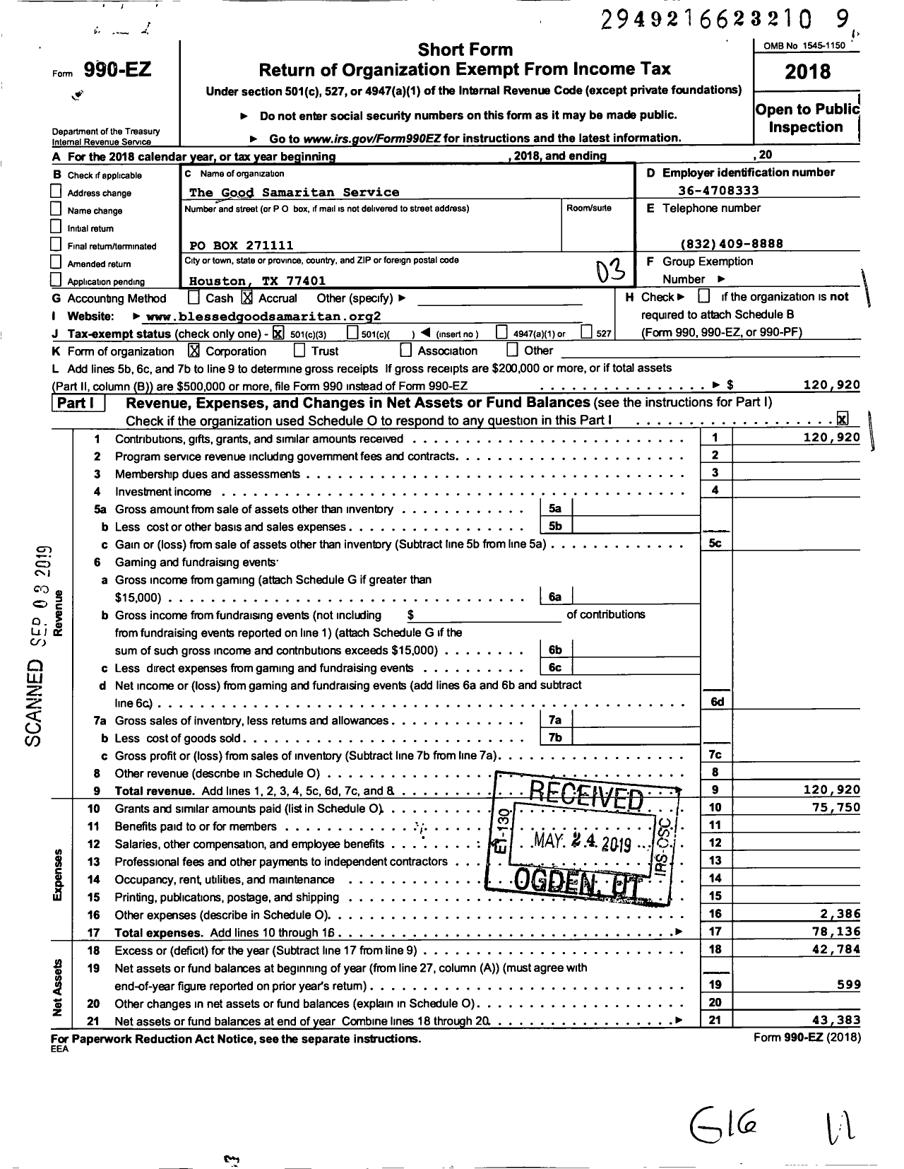 Image of first page of 2018 Form 990EZ for The GOOD SAMARITAN SERVICE (GSS)