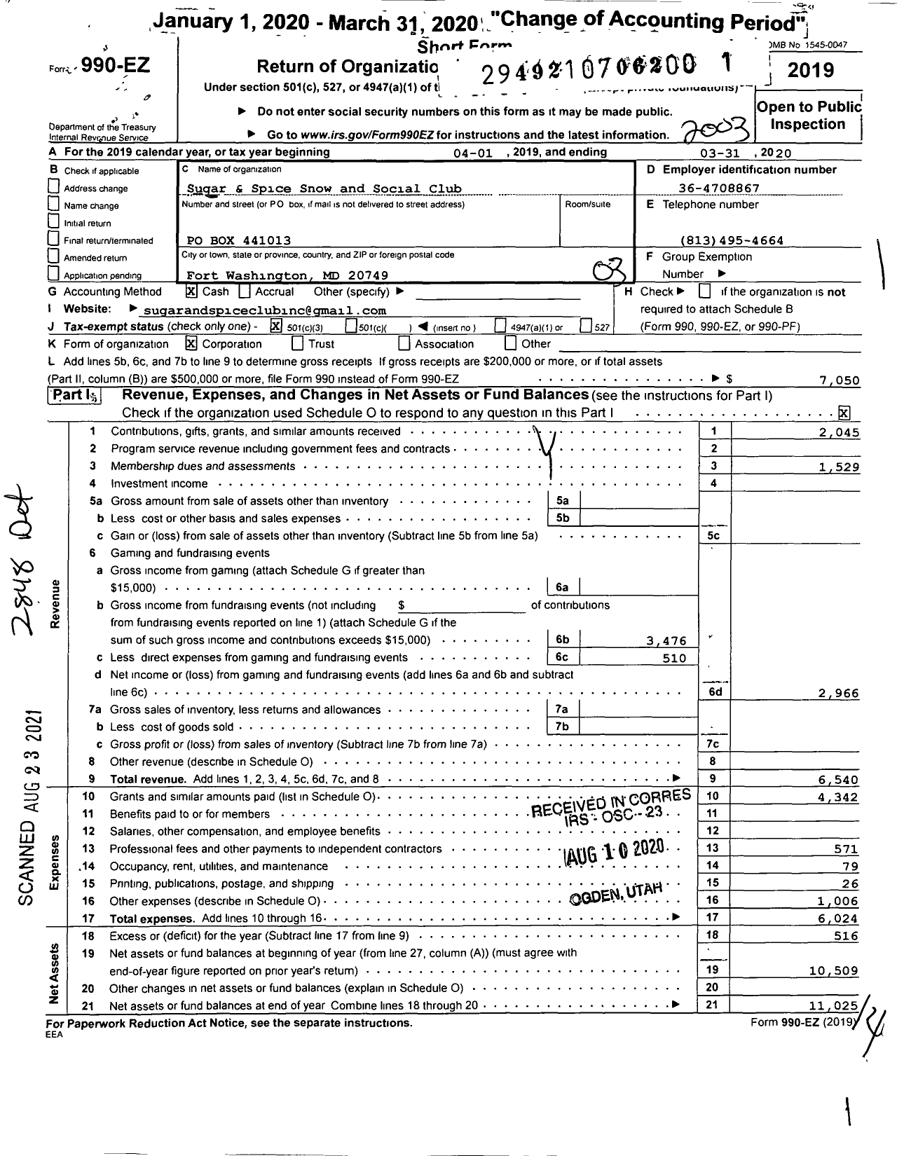 Image of first page of 2019 Form 990EZ for Sugar & Spice Snow and Social Club