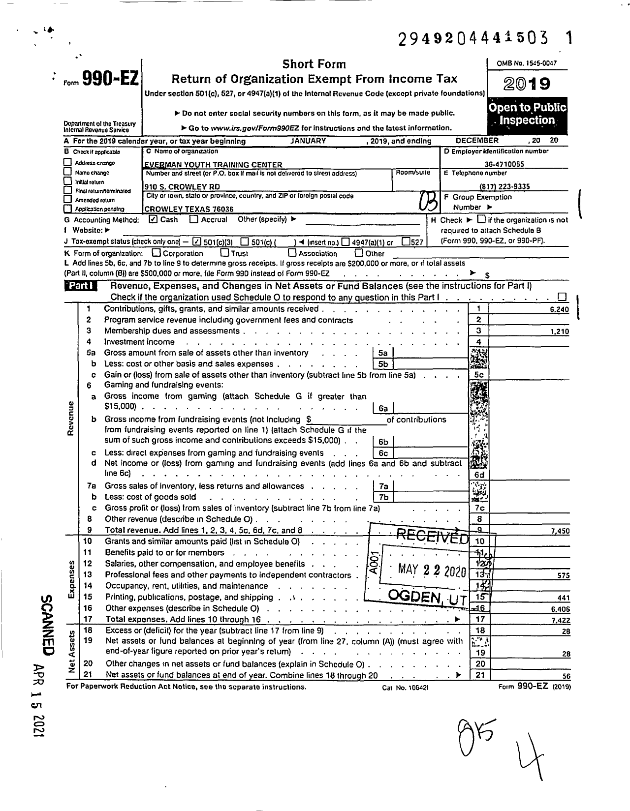 Image of first page of 2019 Form 990EZ for Everman Youth Training Center