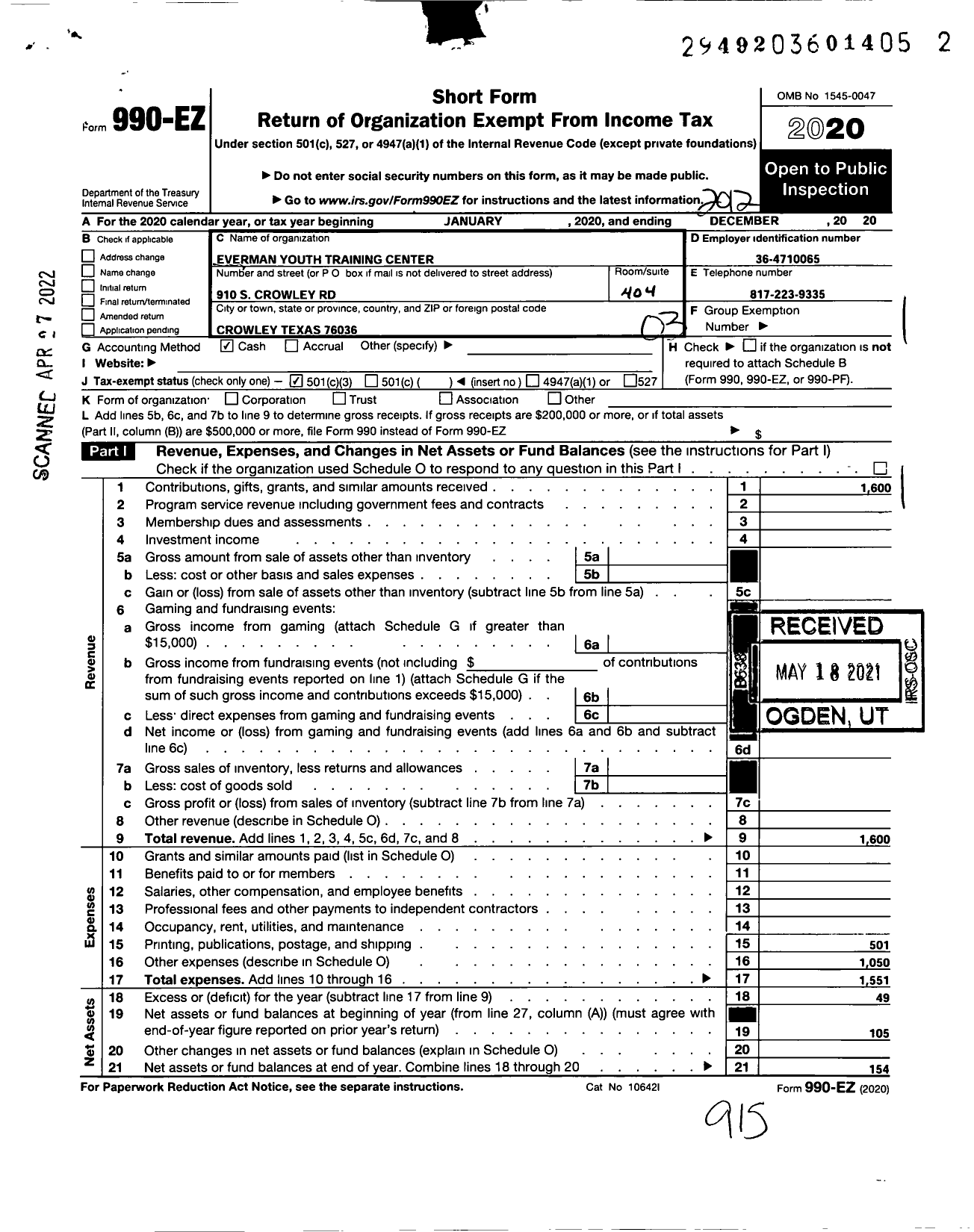 Image of first page of 2020 Form 990EZ for Everman Youth Training Center