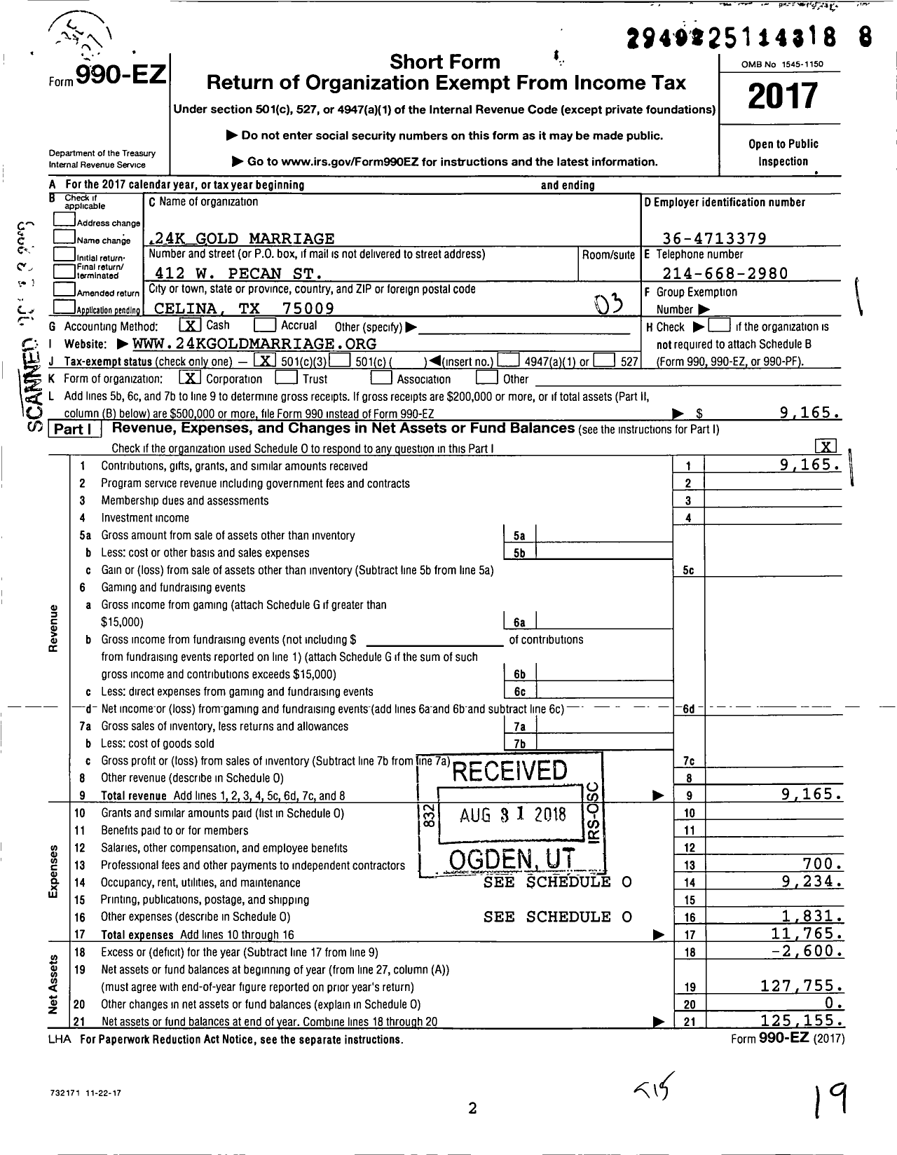 Image of first page of 2017 Form 990EZ for 24k Gold Marriage