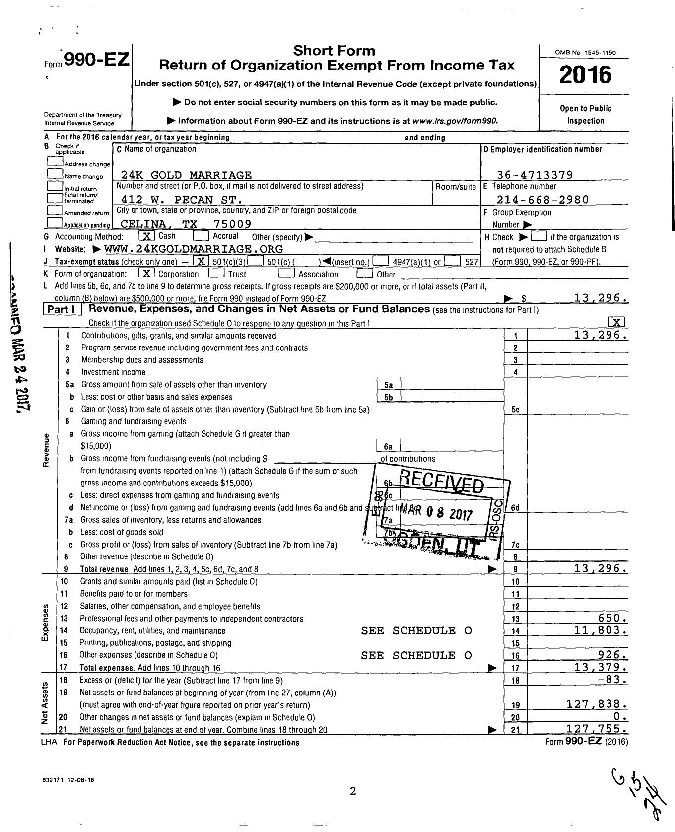 Image of first page of 2016 Form 990EZ for 24k Gold Marriage