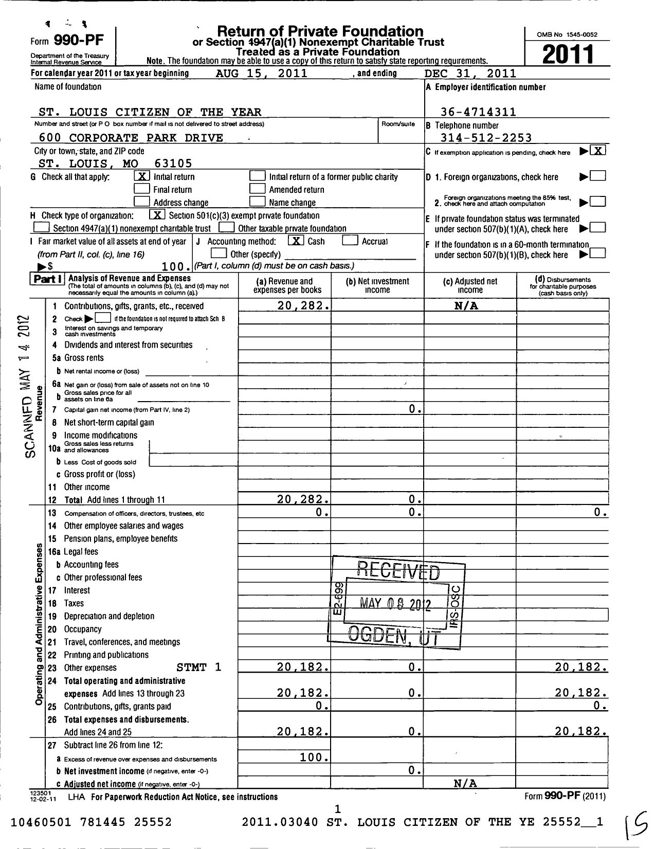 Image of first page of 2011 Form 990PF for St Louis Citizen of the Year