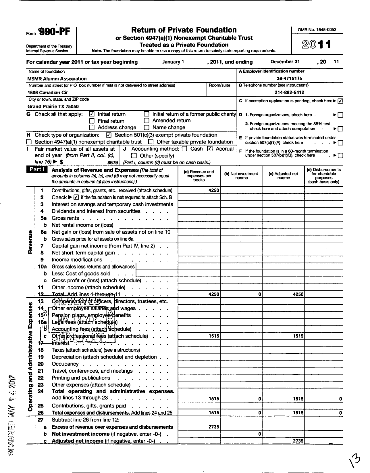 Image of first page of 2011 Form 990PF for MSMR Alumni Association