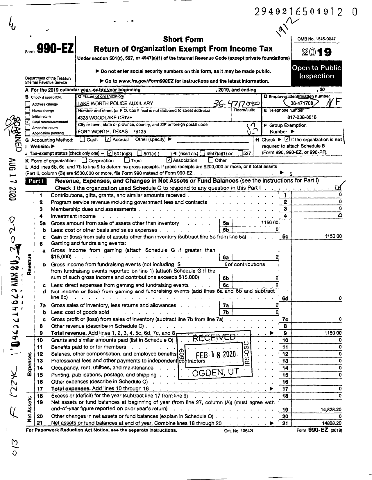 Image of first page of 2019 Form 990EZ for Lake Worth Police Auxiliary