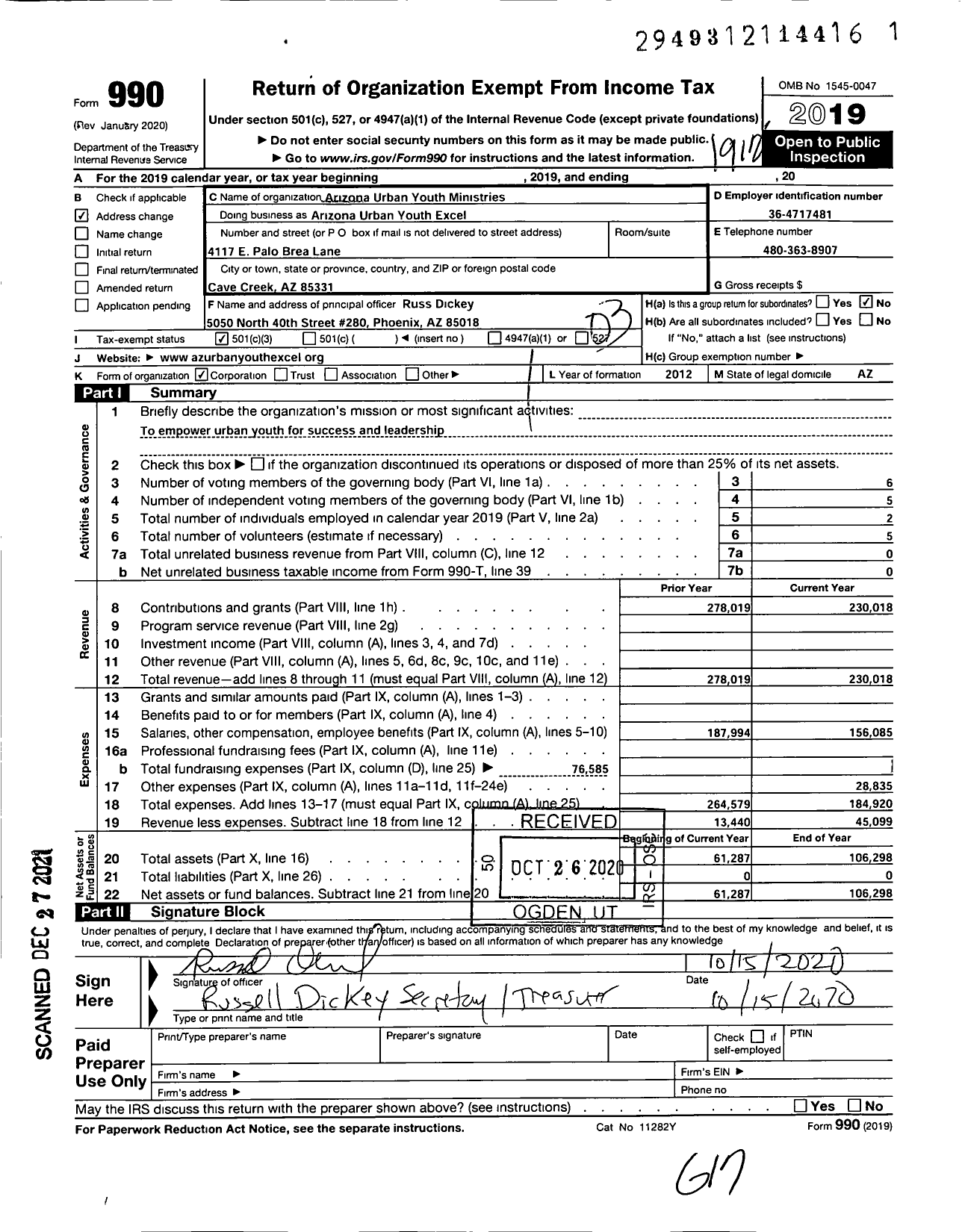 Image of first page of 2019 Form 990 for Arizona Urban Youth Excel