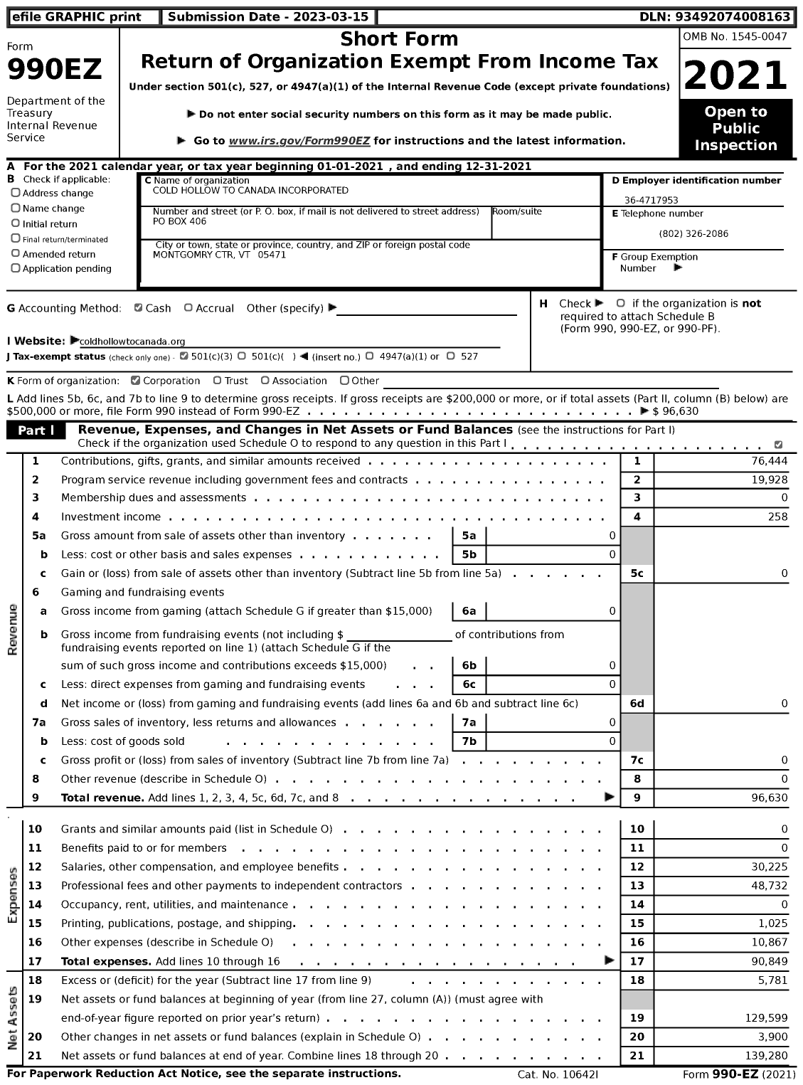 Image of first page of 2021 Form 990EZ for Cold Hollow To Canada Incorporated