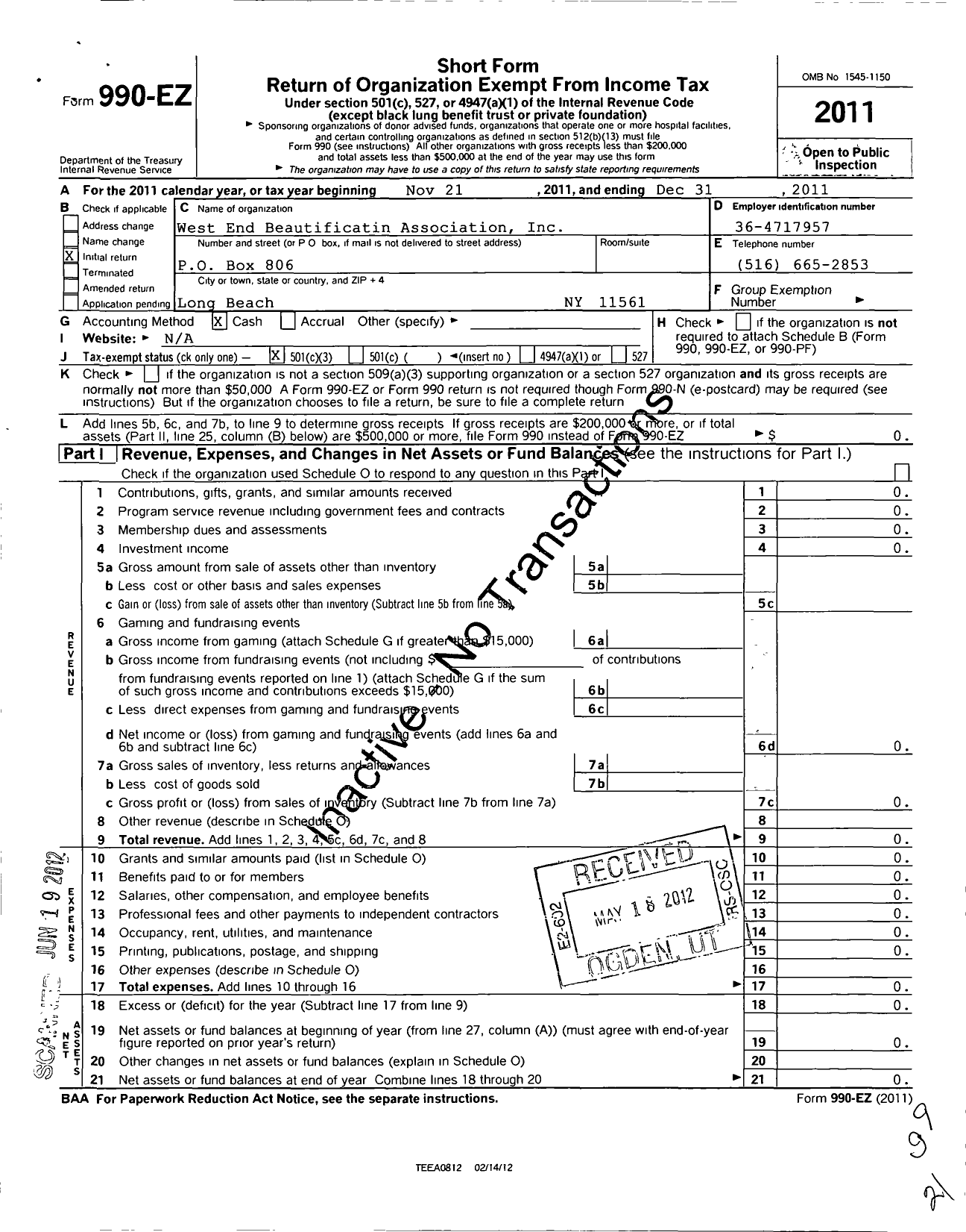 Image of first page of 2011 Form 990EZ for West End Beautification Association