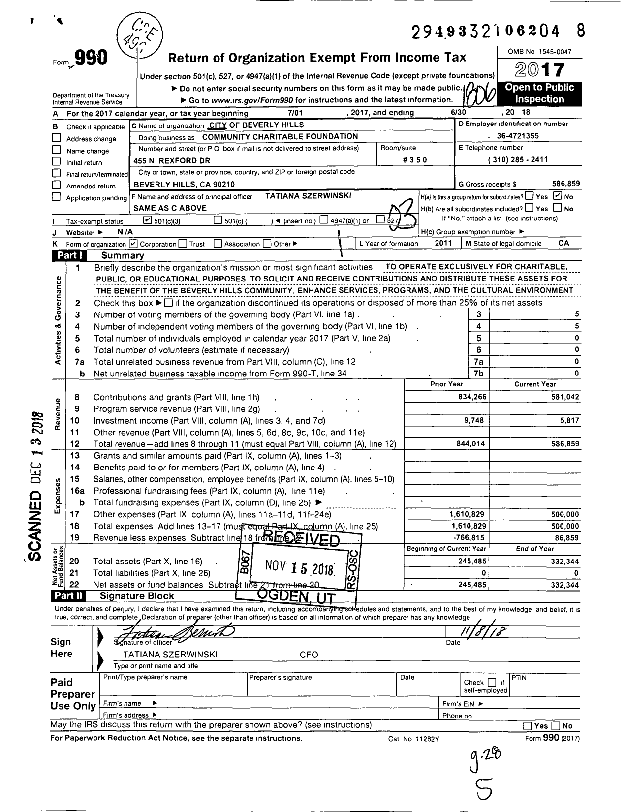 Image of first page of 2017 Form 990 for City of Beverly Hills Community Charitable Foundation