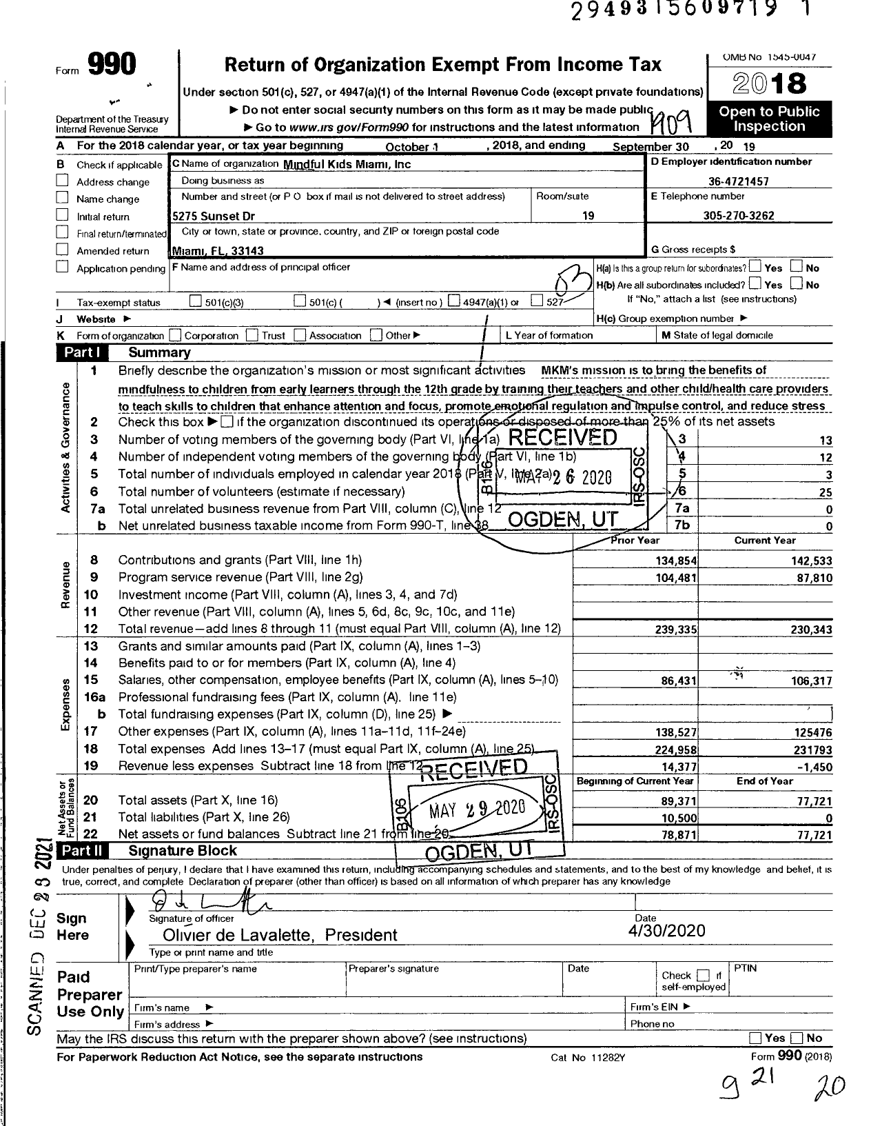 Image of first page of 2018 Form 990 for Mindful Kids Miami