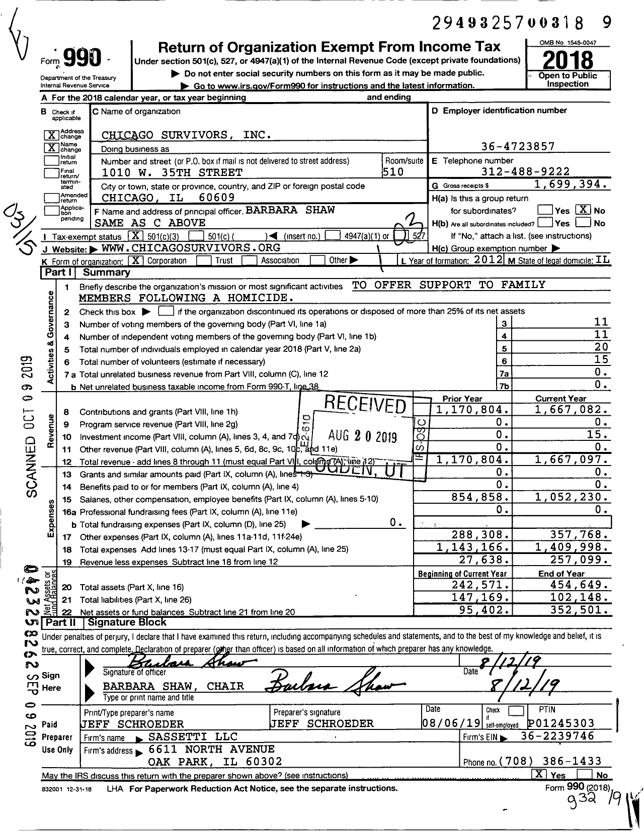 Image of first page of 2018 Form 990 for Chicago Survivors