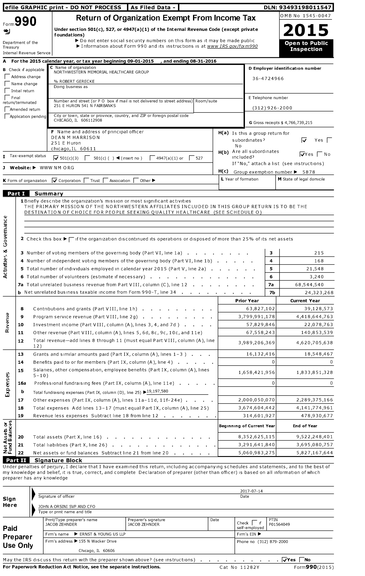Image of first page of 2015 Form 990 for Northwestern Memorial HealthCare Group