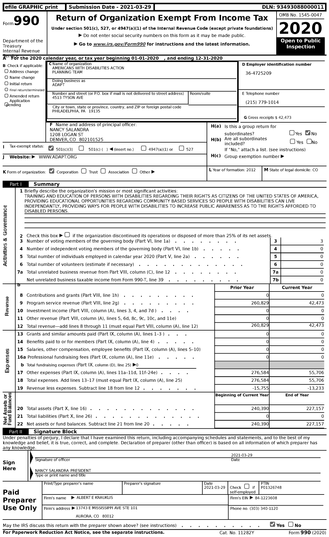 Image of first page of 2020 Form 990 for Americans with Disabilities Action Planning Team (ADAPT)