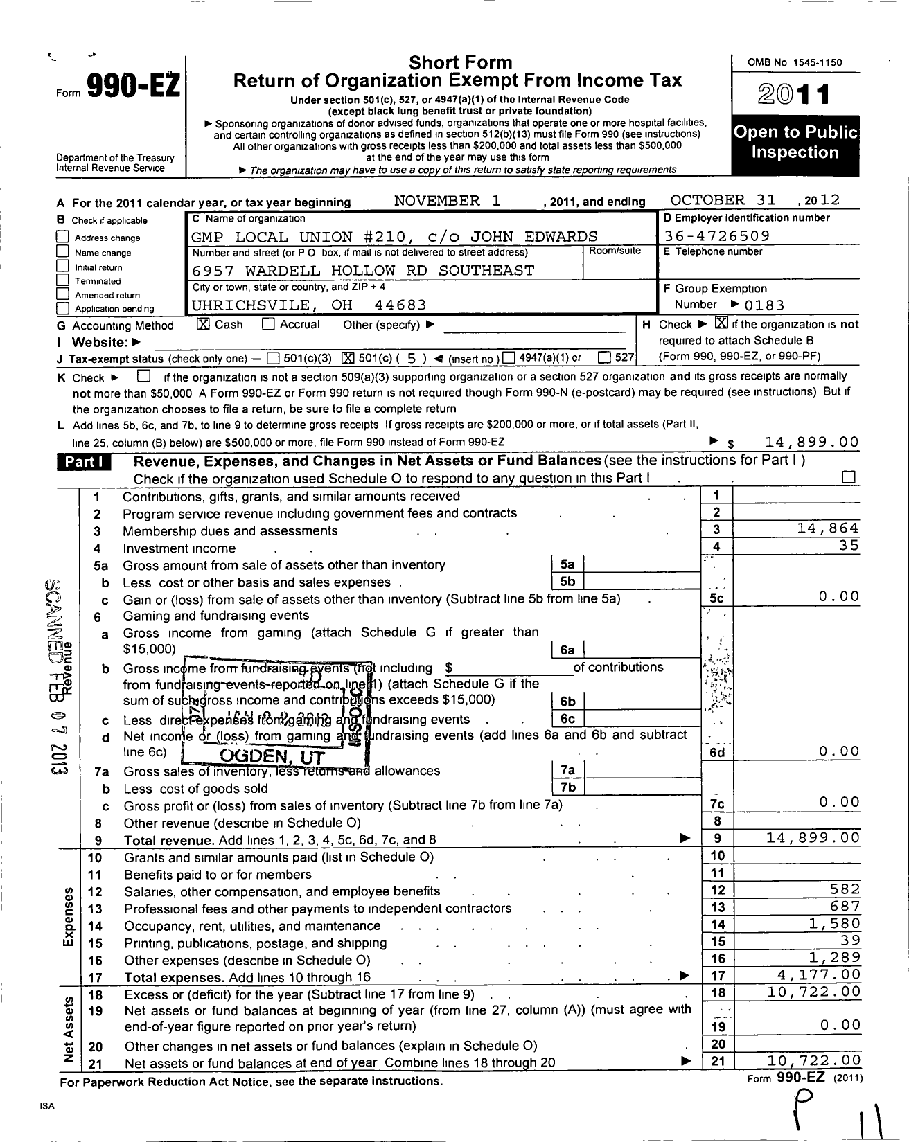 Image of first page of 2011 Form 990EO for United Steelworkers - 00210m Local