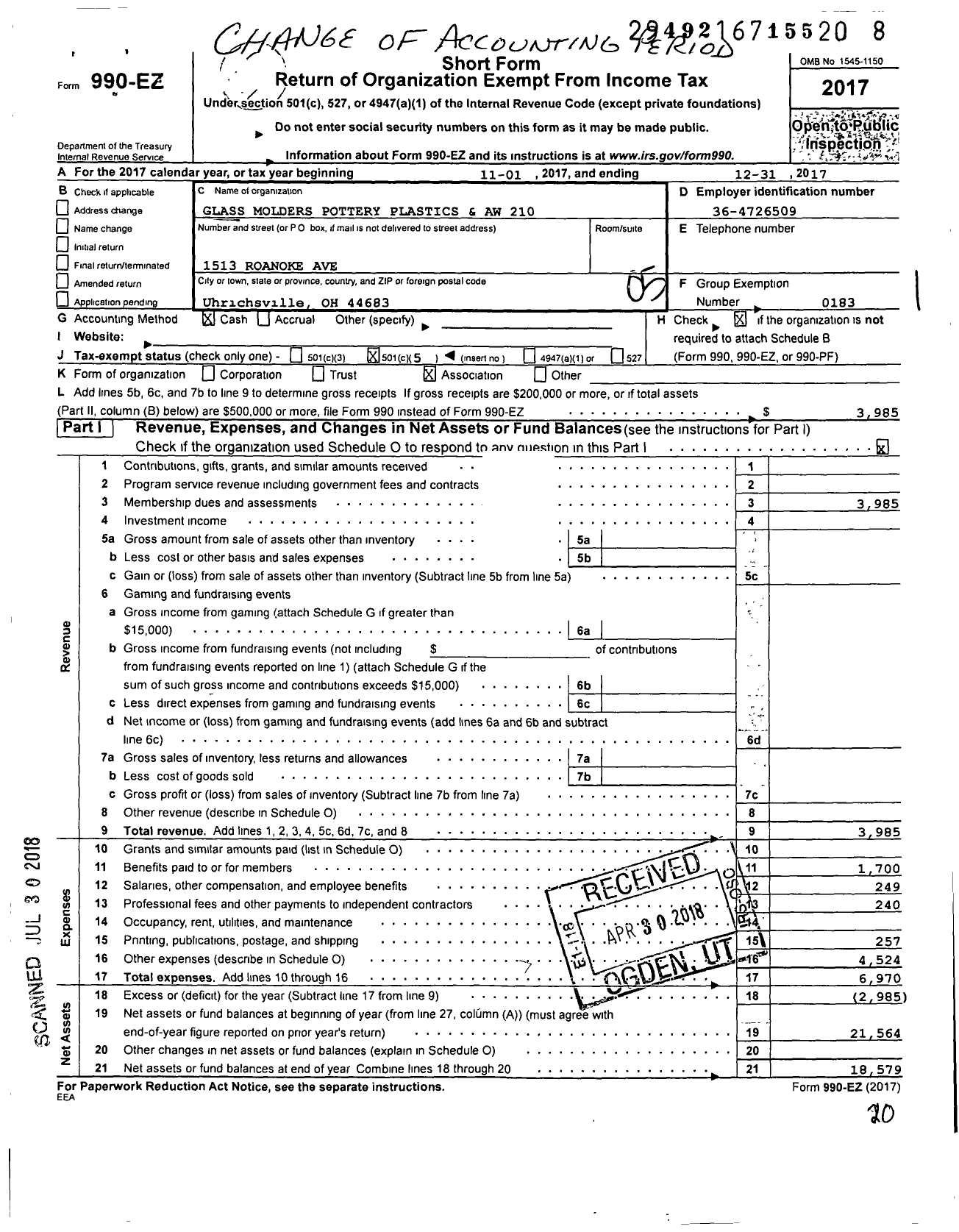 Image of first page of 2017 Form 990EO for United Steelworkers - 00210m Local