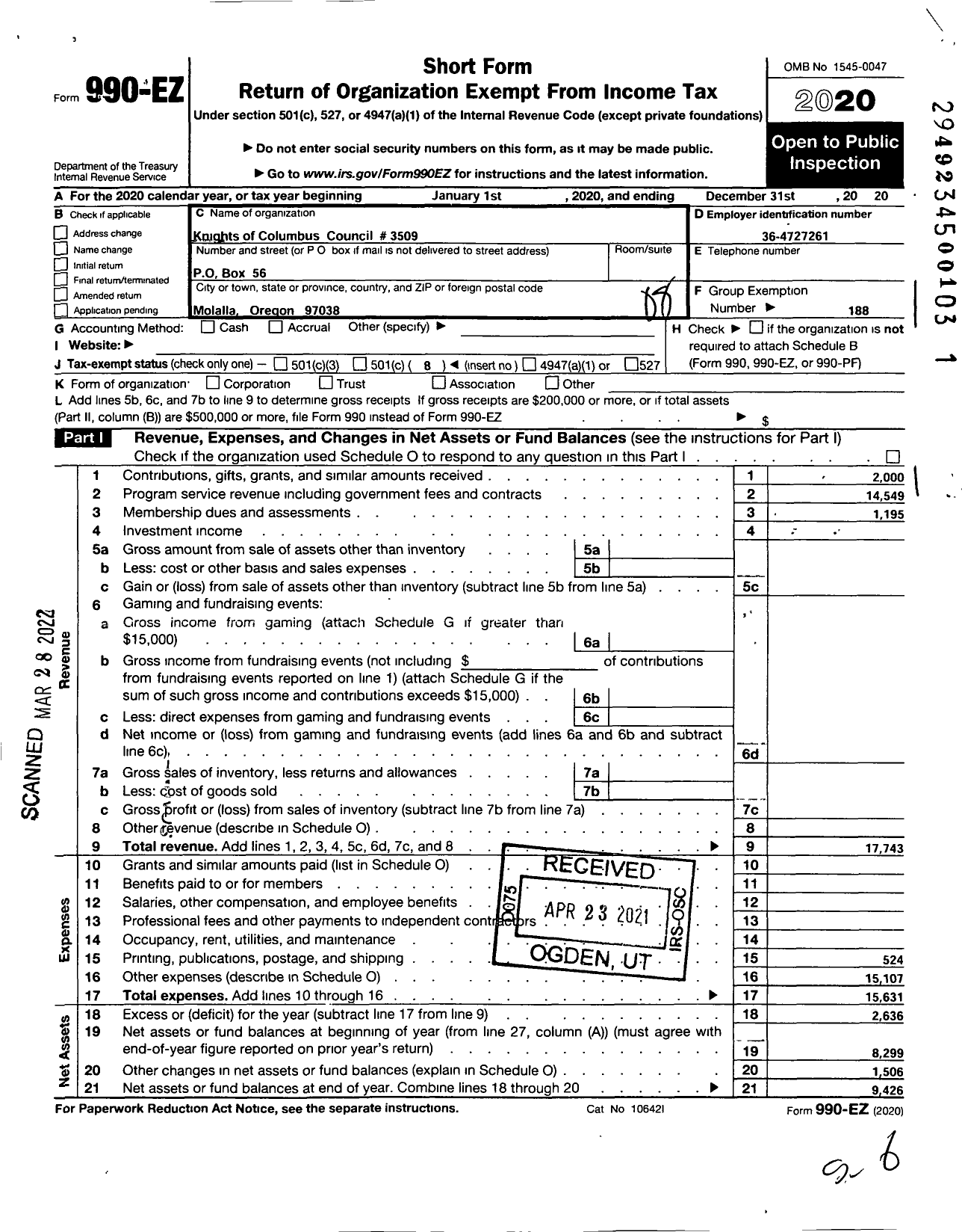 Image of first page of 2020 Form 990EO for Knights of Columbus - 3509 St James Council