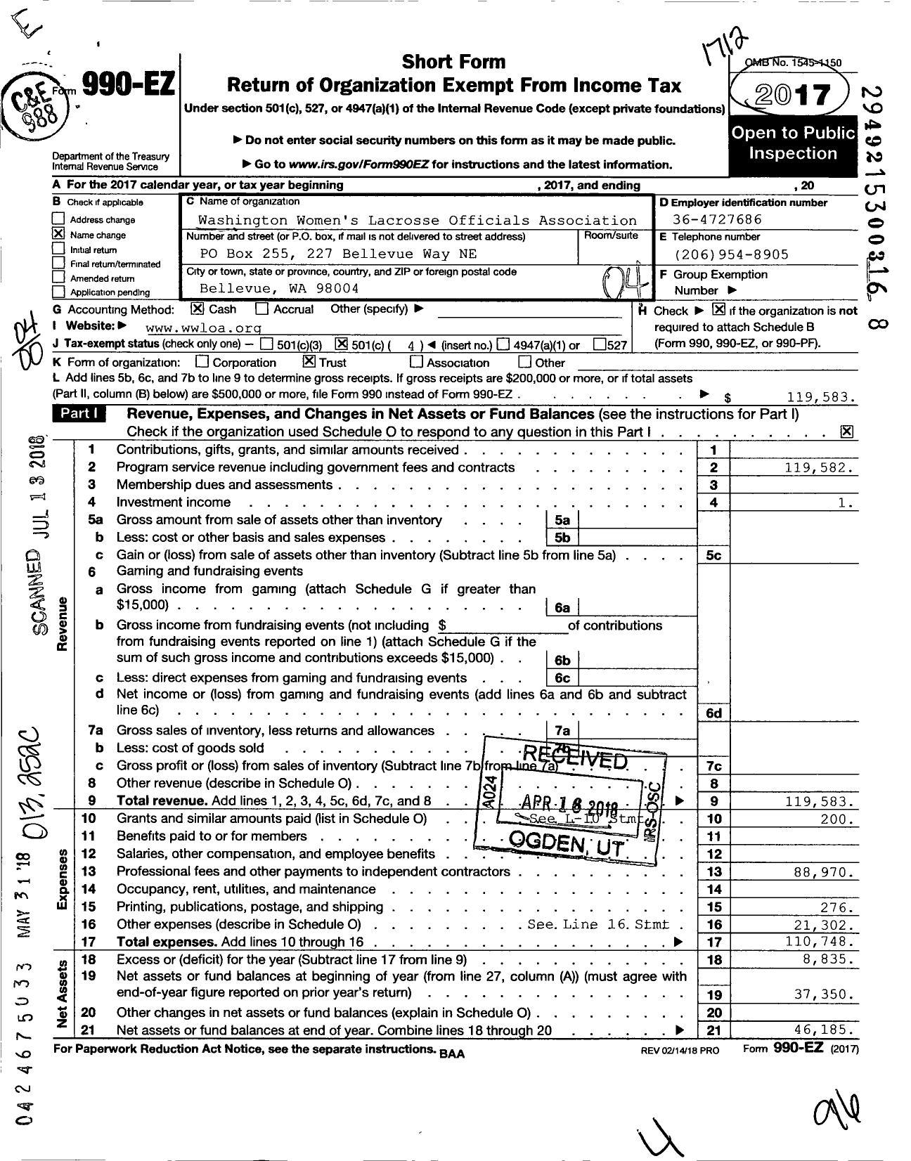 Image of first page of 2017 Form 990EO for Washington Women's Lacrosse Officials Association (WWLUA)