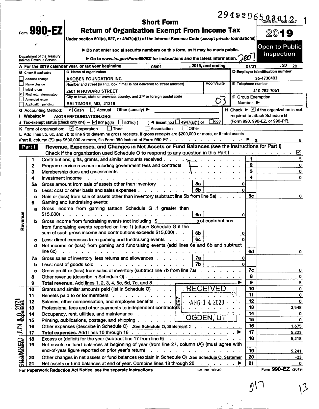 Image of first page of 2019 Form 990EZ for Akoben Foundation