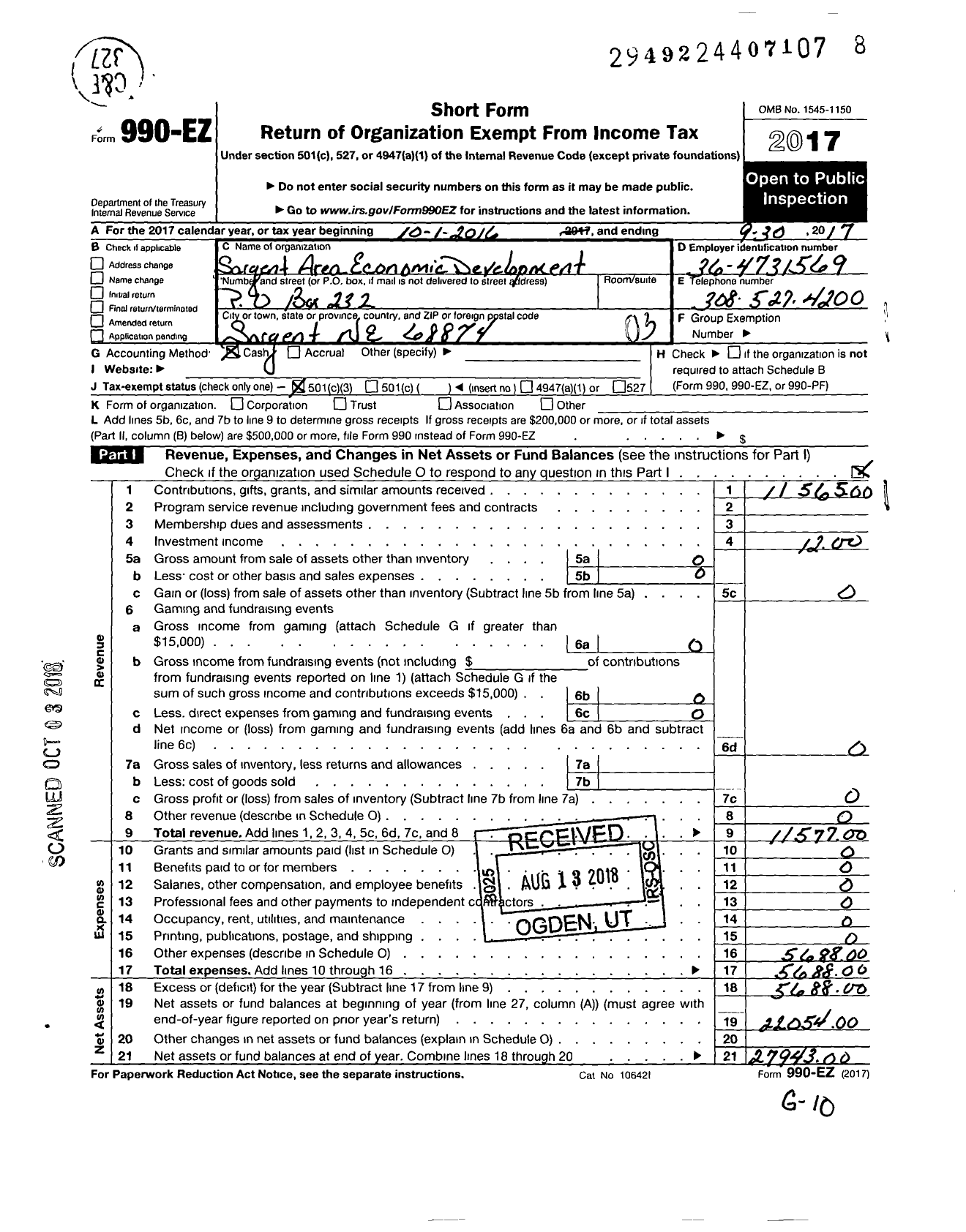 Image of first page of 2016 Form 990EZ for Sargent Area Economic Development